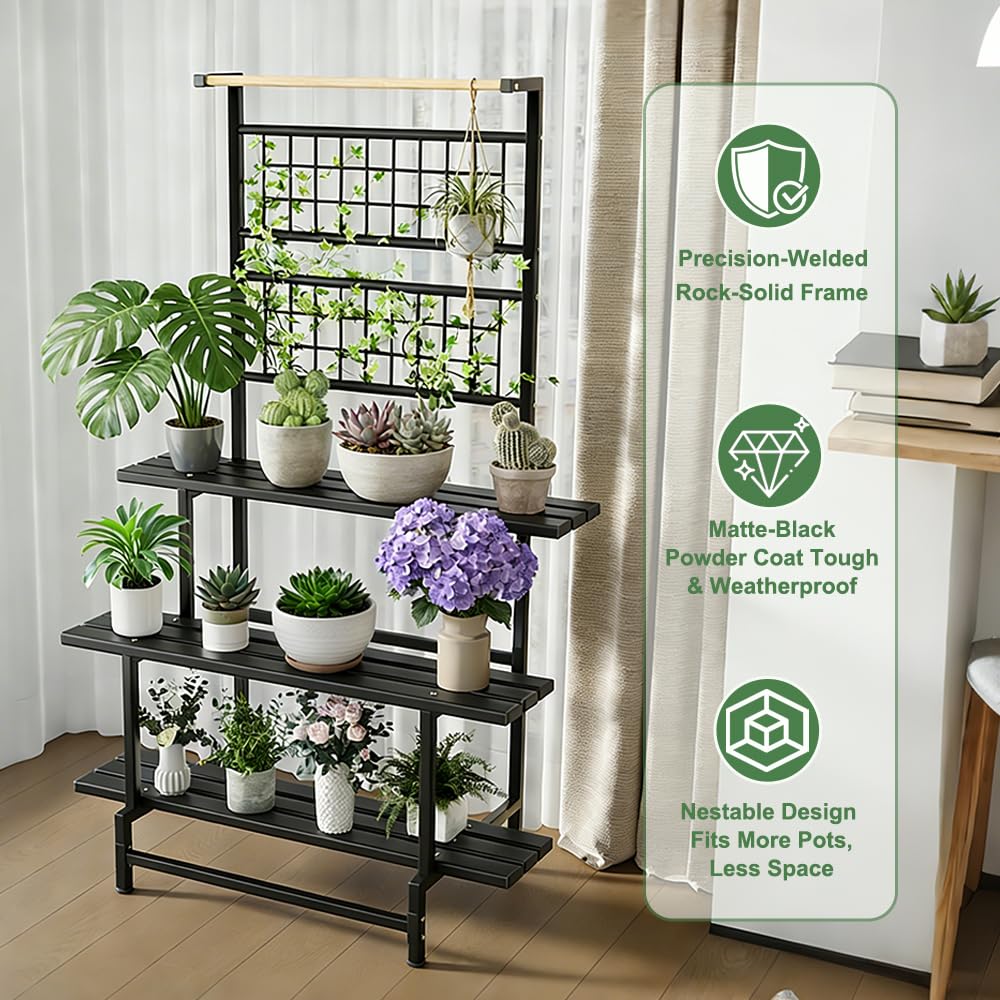 YOBAZAN 3-Tier Metal Plant Stand with Hanging Shelf – Heavy Duty, Waterproof Indoor & Outdoor Flower Rack for Multiple Pots, Balcony, Garden, Living Room – Black