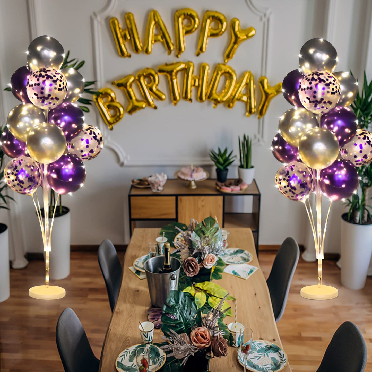 Cicicooie 2 Set Floor Balloon Stand Kit with String Light Balloon Holder Centerpieces Floor Decoration for Birthday Party Bachelorette Party (Purple&Silver)