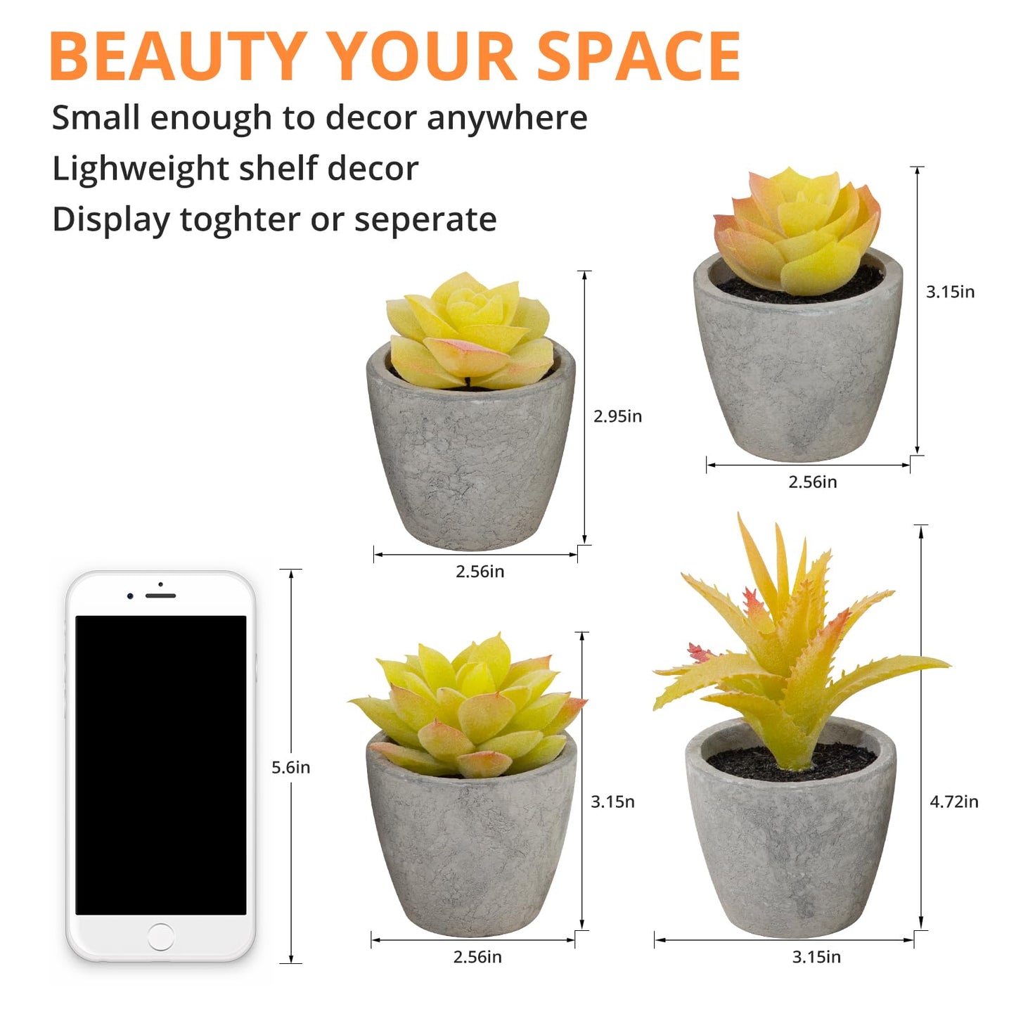 LUZOGA Set of 4 Small Yellow Fake Succulent Plants - Mini Artificial Succulents for Bathroom, Living Room, Office Desk, Coffee Table, Kitchen Shelves - Aesthetic Indoor Shelf Decor