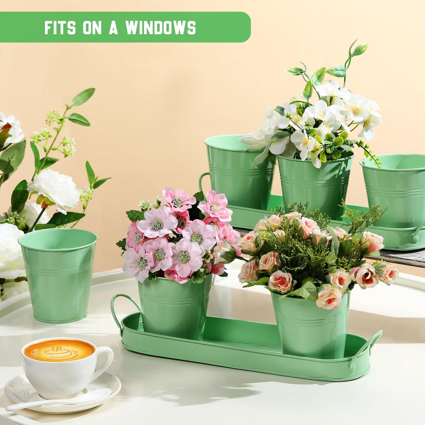Hicarer 2 Sets Herb Planter with Tray Metal Herb Garden Planter with Drainage Farmhouse Windowsill Pots for Indoor Plants Flower Succulent Outdoor Kitchen Apartment Balcony Window (Green)