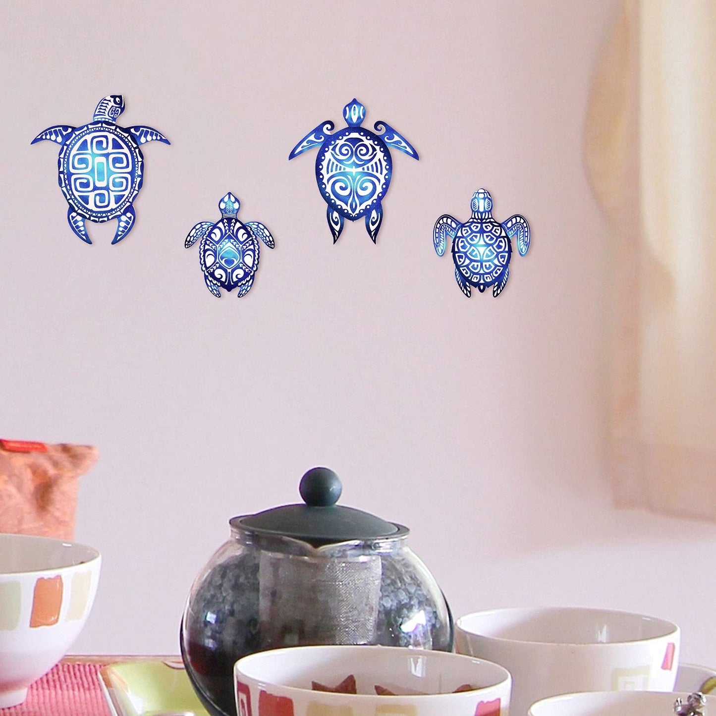 Yalikop 4 Pieces Sea Turtle Bathroom Wall Decorations Sea Turtle Ocean Voyage Sign Beach Theme Wooden Plaque Farmhouse Rustic Decorations for Home Wall Bathroom Decor Blue