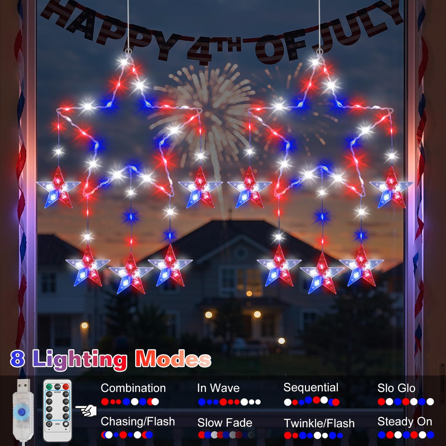 Lewondr 4th of July Decorations, 2 Pack Red White and Blue Window Star Lights with 62 LEDs, Patriotic Star Lights with Remote, 8 Modes & Timer, USB Powered Hanging Light for Independence Memorial Day