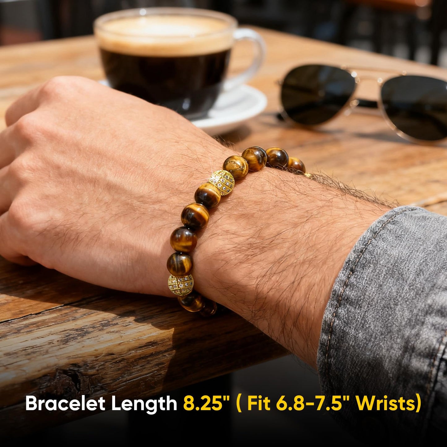 Gifts for Men-Tiger's Eye Stone Beaded Bracelet,Real 8mm Natural Gemstone Chain Beads Bracelets with Stainless Steel Clasp,Designer Jewelry Gift for Boyfriend Husband Son,Birthday Anniversary,8.25''
