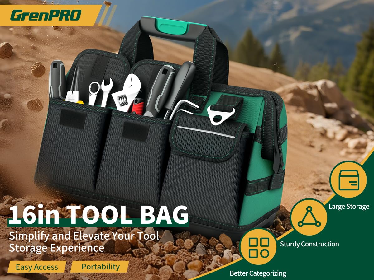 GRENPRO Tool Bag, 16 Inch Molded Bottom Toolbag, 18-Pocket Heavy Duty Portable Waterproof Toolbox, Soft Handle Tool Organizer for Mechanics, DIY, Valentines Day Gifts for Him Dad Men