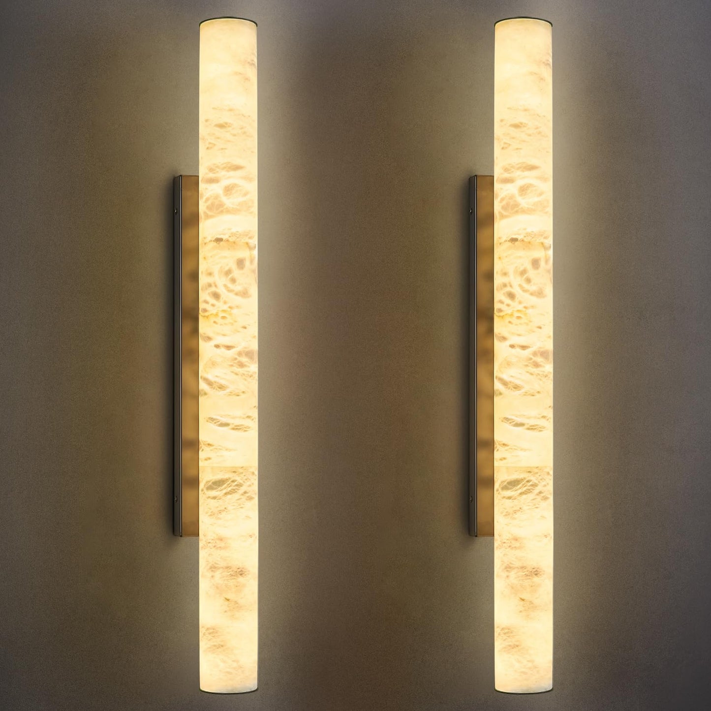 LMQNINE Natural Alabaster Wall Sconces Set of Two Spanish Marble Wall Light Cylinder Modern Black LED Sconce for Living Room Bedroom Bathroo Stairs（L-2Pack）