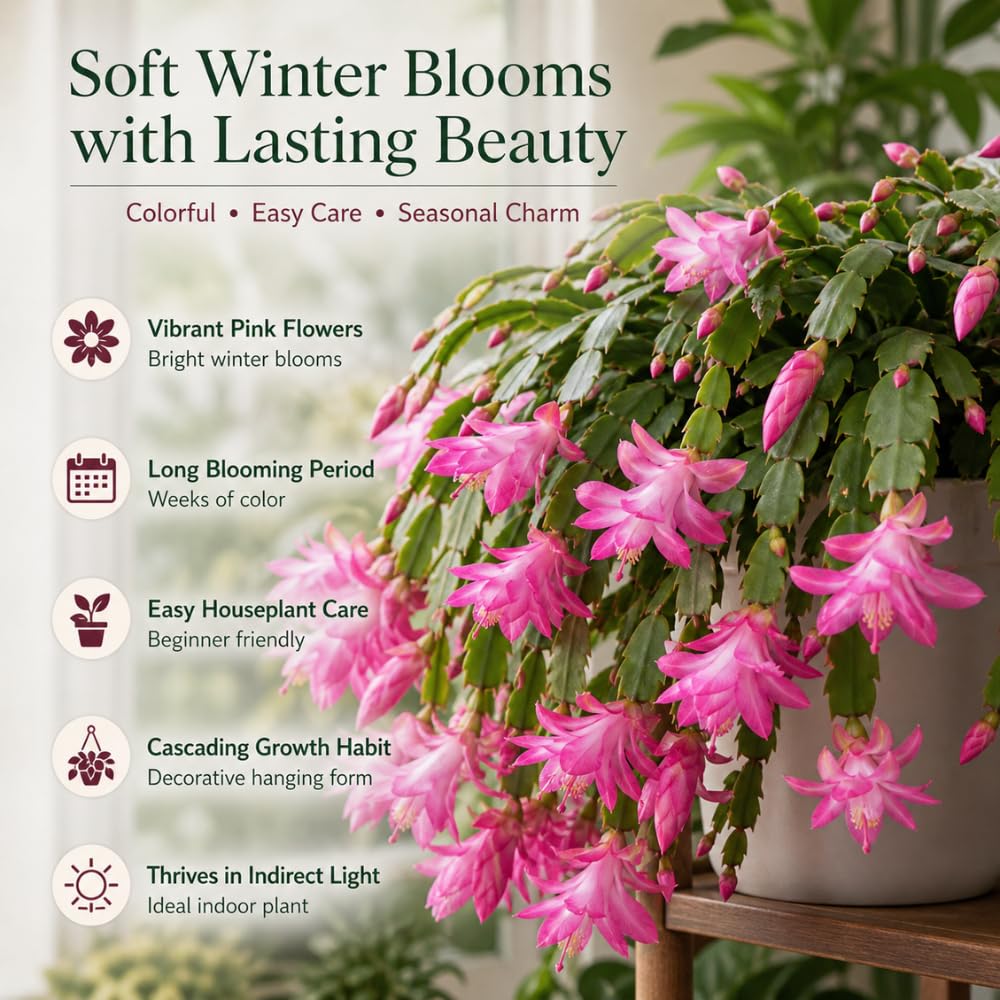 2 Pink Christmas Cactus Live Plant, 5-6 Inch Tall, Easy to Care Indoor Winter Houseplant for Office Desk and Patio Decor, Vigorous Live Holiday Plant