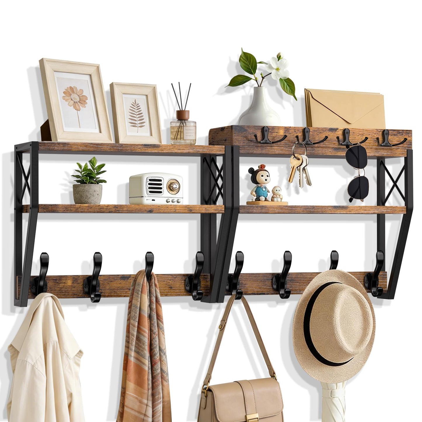 Dhmkfly Upgraded 32-inch Coat Rack Wall Mount with Shelf, 4 in 1 Versatile Coat Hanger Key Holder Wall Mount, 3-Tier Entryway Wall Shelf with 12 Hooks and Mail Holder for Living Room Bedroom Bathroom