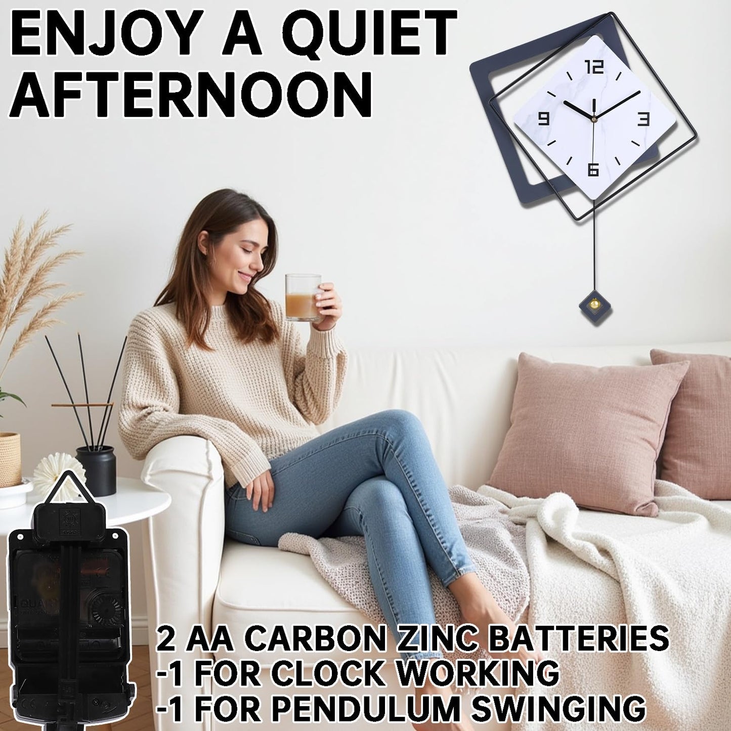 Wall Clock with Pendulum, Silent Quality Quartz Battery Operated, Metal Modern Large Wall Clocks for Living Room Kitchen Home Bathroom Bedroom Wall Decor,16x21inch(Black)
