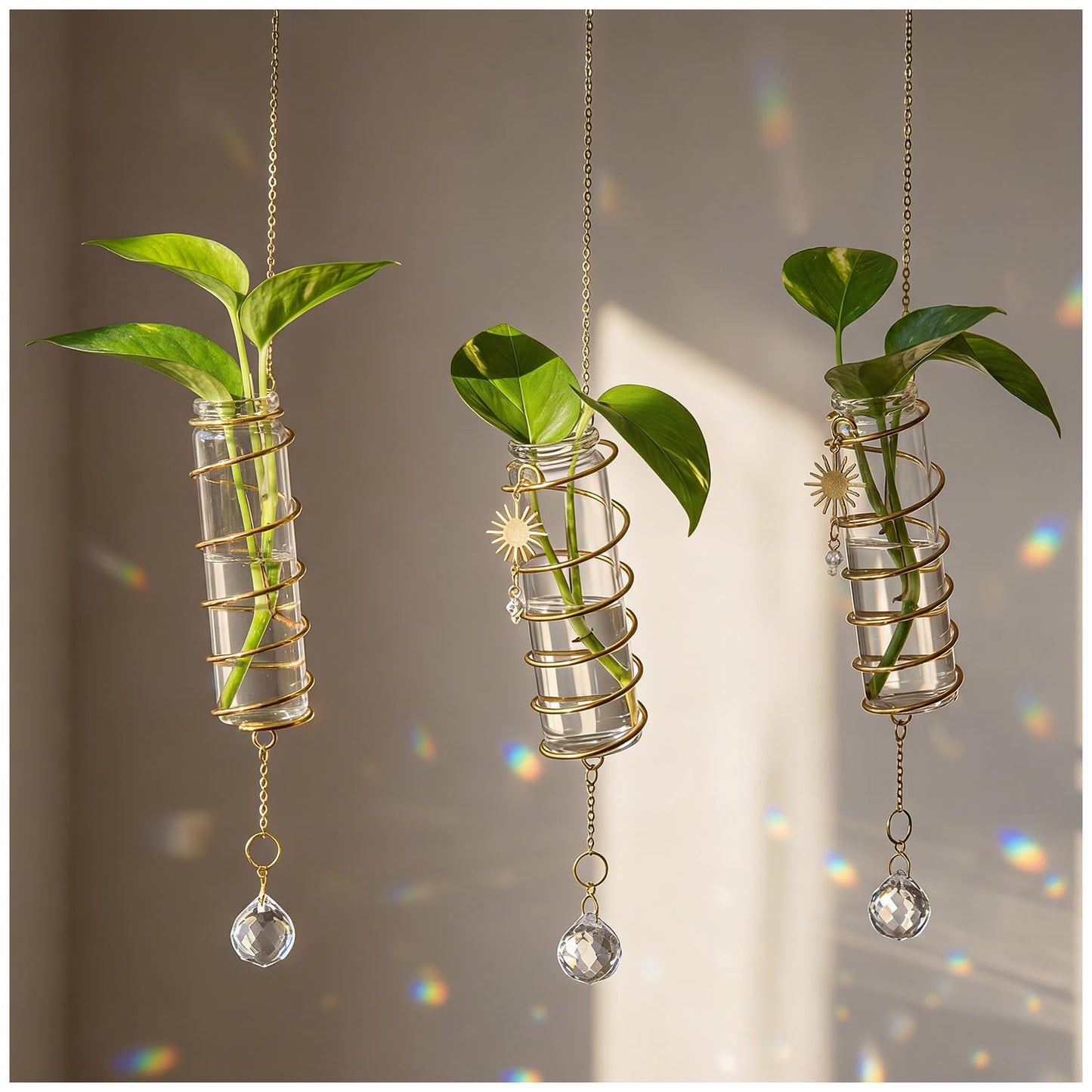 3 Pack Hanging Propagation Station with Crystal Sunshine Catcher Glass Window Propagation Tubes Vases with Gold Metal Chain for Indoor Hydroponics Plants Home Decor
