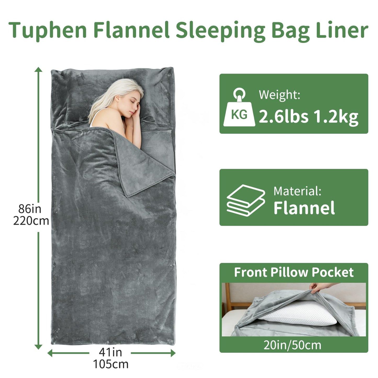 Tuphen Flannel Sleeping Bag Liner, XXL Fluffy Adult Sleeping Sack with Hidden Zipper for Warm or Cold Weather, Thick Travel Sheets for Hotel,Camping,Backpacking,Traveling & Dirty Proof,Gray,86 x 41‘’