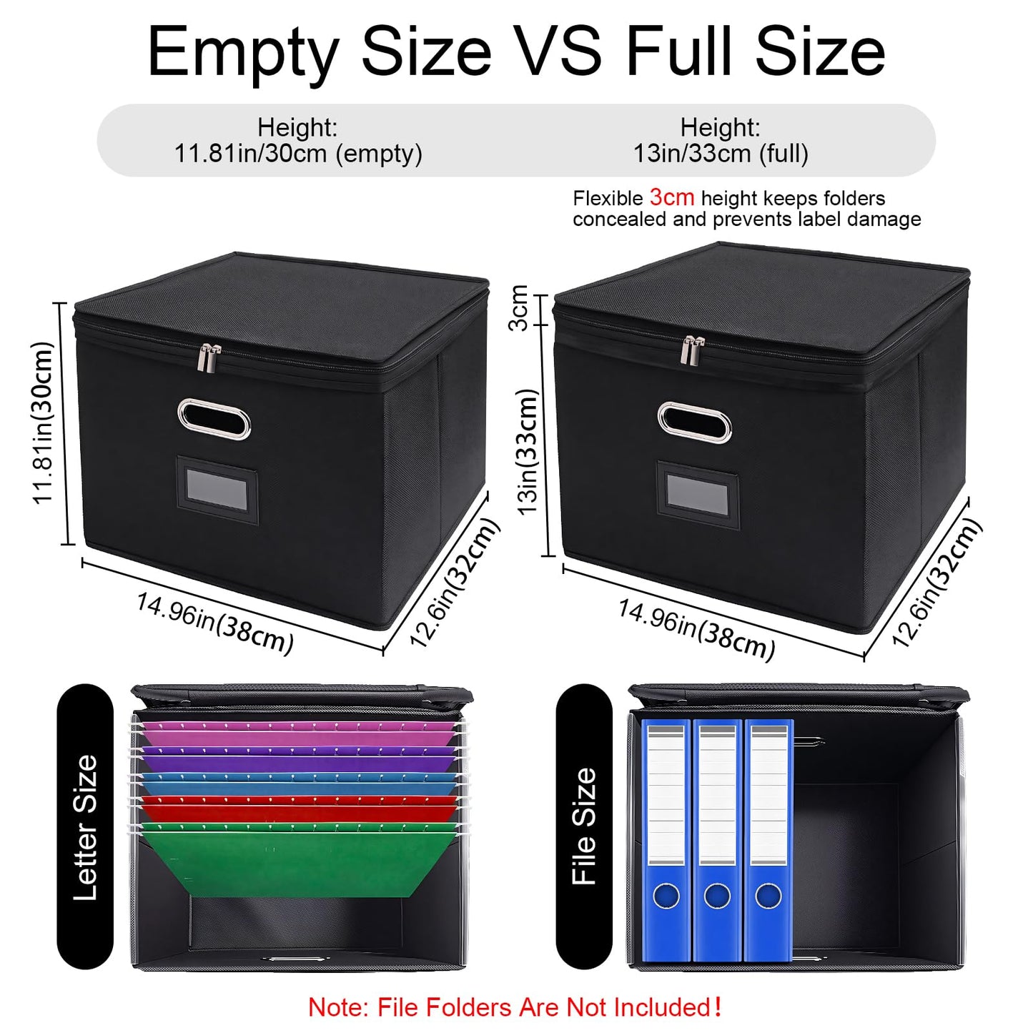 4 Pack File Organizer Boxes with Lids, Collapsible Document Storage Bin with Mesh Pockets & Zipper, Fits Letter/Legal Size Folders for Home Office Moving Classroom Organization (Black, No Folders)