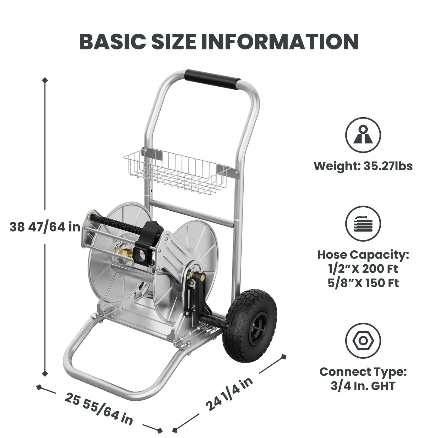 Giraffe Tools Garden Hose Reel Cart with Wheels, Stainless Steel Heavy Duty Water Hose Reel Cart, 200 ft of 1/2 Capacity, Mobile for Outside