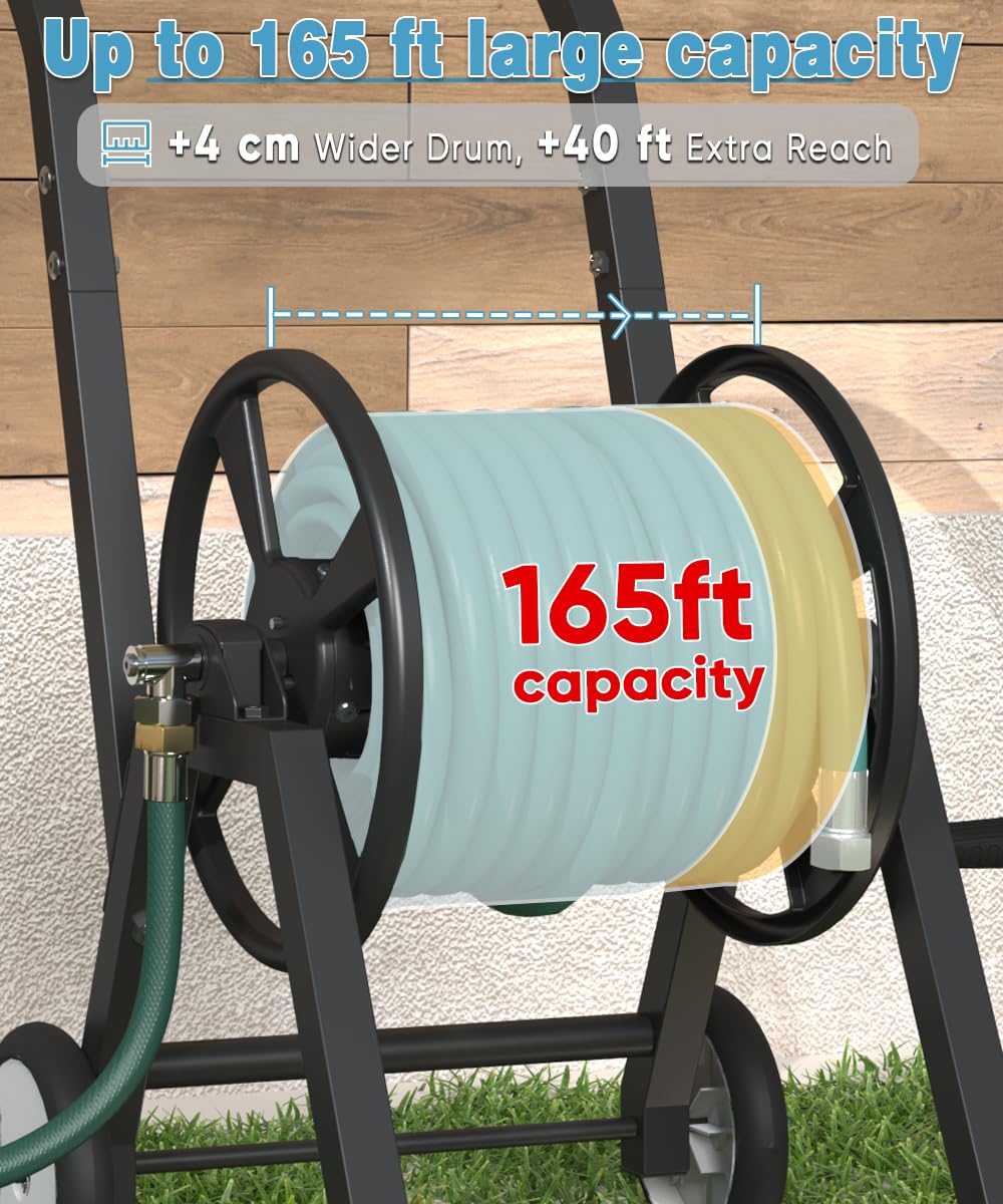 Artigarden Garden Hose Reel Cart with Wheels, Holds 165 ft of 5/8’’ Hose Outdoor Heavy Duty Powder-coated Steel Water Storage Holder Rack with 3.9 Ft Leader Hose for Outside Lawn Yard, Black