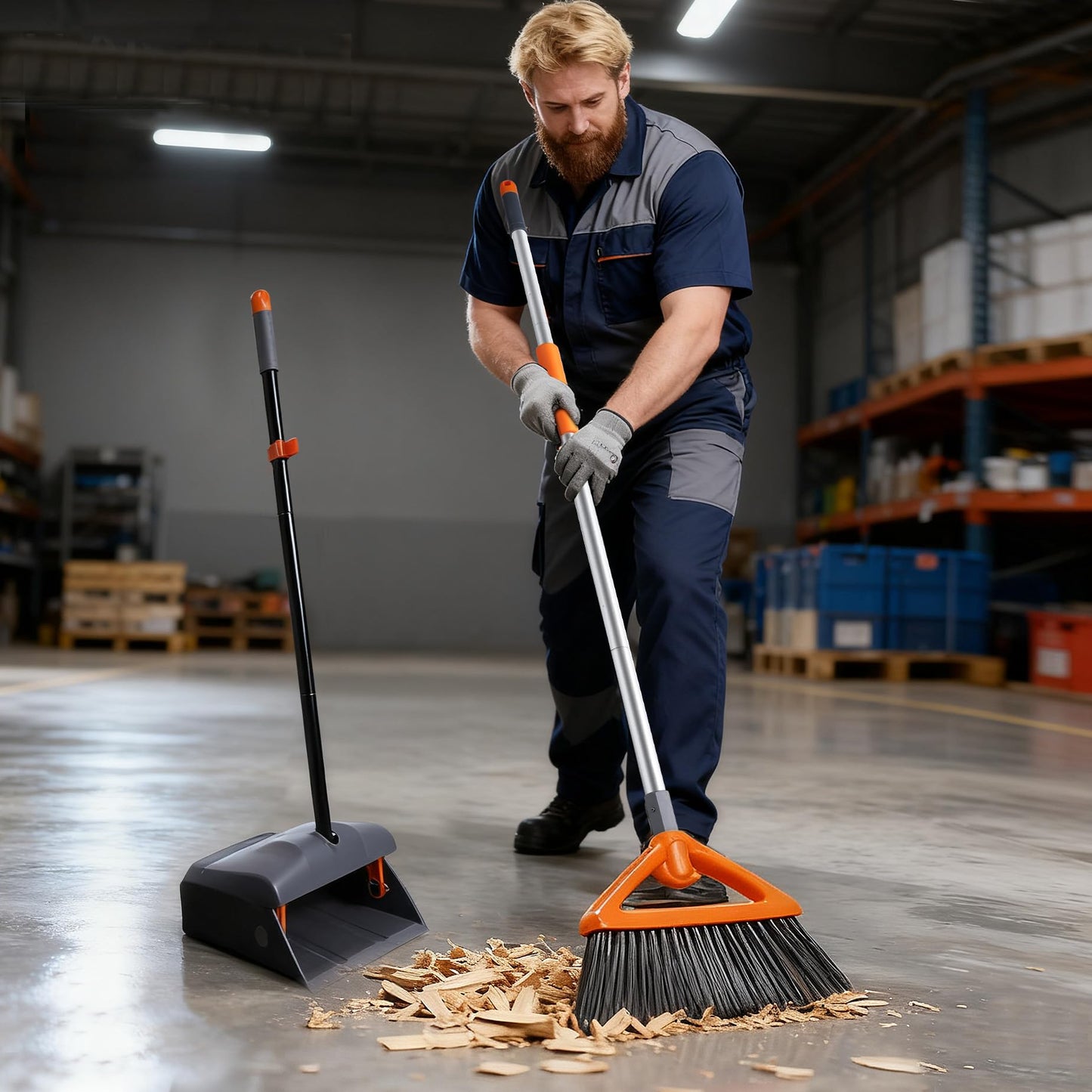 CLEANHOME Heavy Duty Broom with Dustpan Combo Set Indoor and Outdoor Dual Purpose,Stiff Bristle Commercial Angle Broom and Standing Dust Pans with Long Handle for Sweeping Home,Kitchen,Yard,Grey
