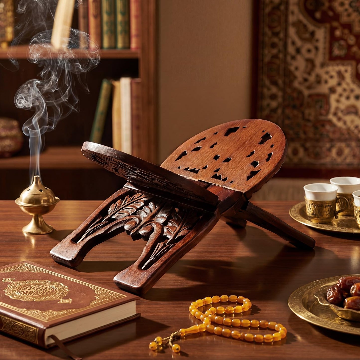 Cinnvoice Quran Holder Stand Bible Holder Stand 13.4 x 8.5 x 6.3 Inches Wood Ornate Carved Missal Book Display for Ramadan Rihal Rehal Quran Bible Gita Prayer Book Display