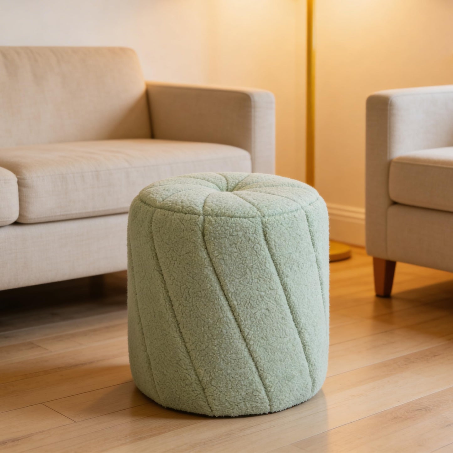 YDcosyfy Modern Round Ottoman, Spiral-Tufted Foot Stool Ottoman, Teddy Fleece Upholstered Vanity Stool for Makeup, Bedroom, Living Room, Light Green