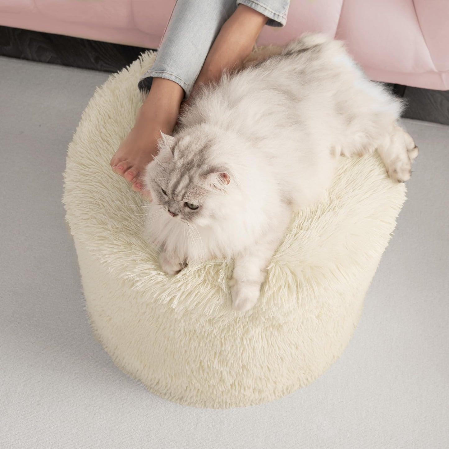 Hansleep Round Stuffed Pouf Ottoman 20 x 15, Foam Filled Faux Fur Ottoman Foot Rest for Chair with Washable Cover, Foot Stools Under Desk for Living Room & Bedroom, Beige