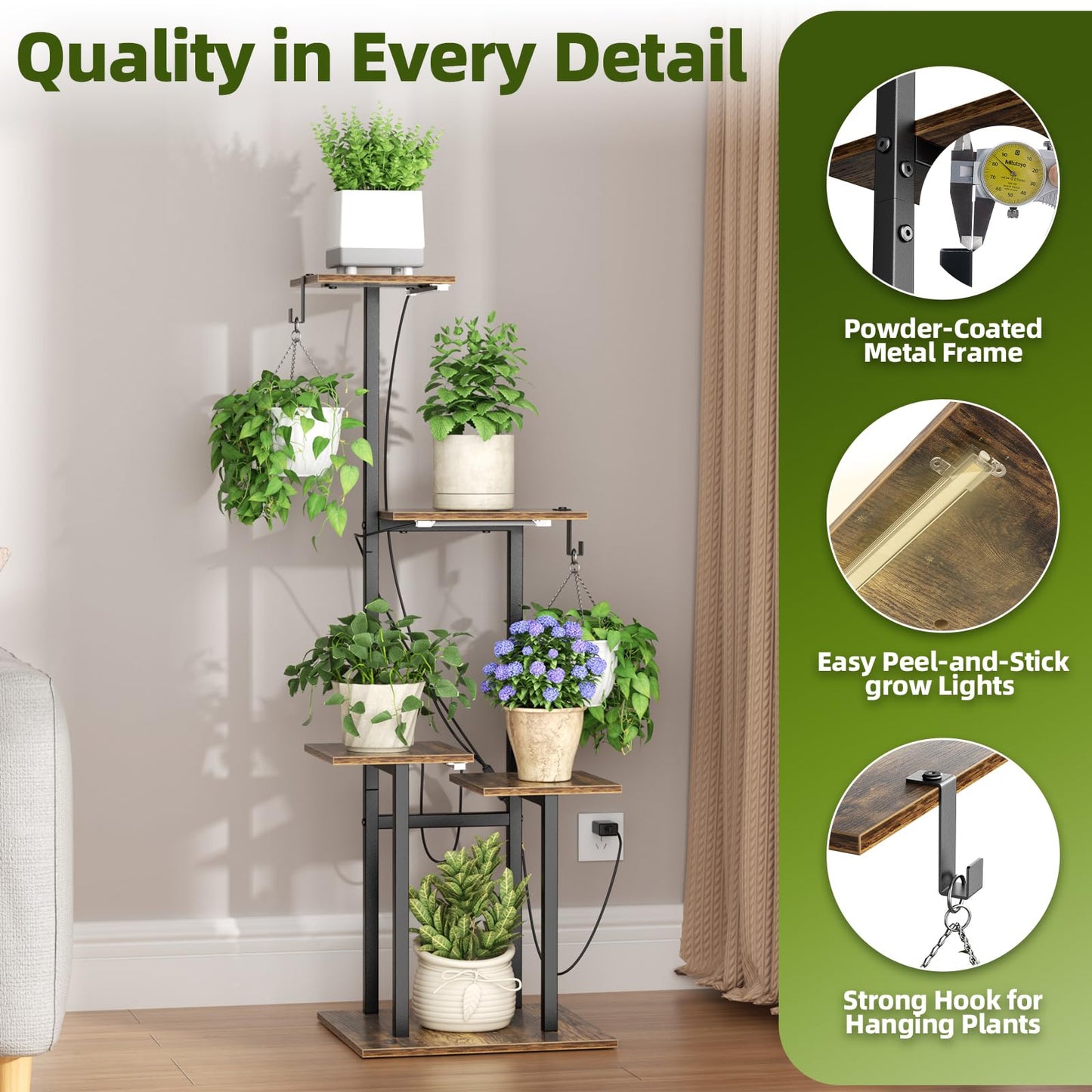 unlumm Plant Stand Indoor with Grow Lights, 46" Metal Corner Plant Shelf with 3 LED Lights, 2 Hanging Hooks, 5-Tiered Tall Plant Flower Holders for Living Room, Garden, Patio (Black Brown)