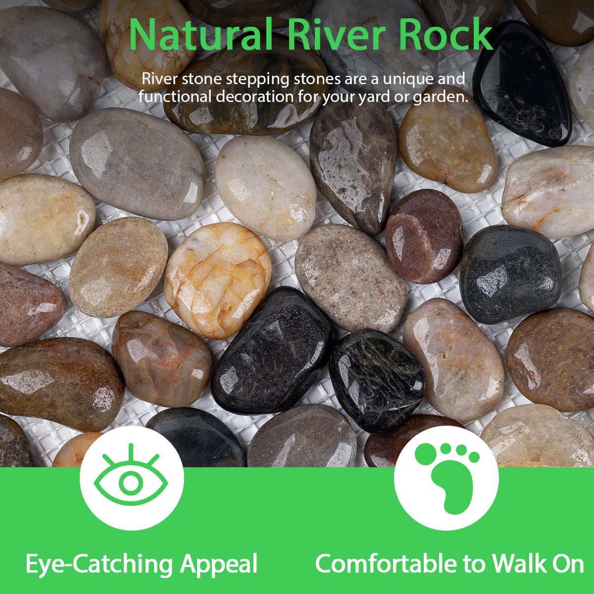 6 PCS Natural River Rock Stepping Stones for Garden Walkway - 9.5'' Hexagon Pebble Mats with Non-Slip Mesh Backing - Decorative Outdoor Stone Pavers for Patio, Lawn, Backyard Path & Landscaping Decor