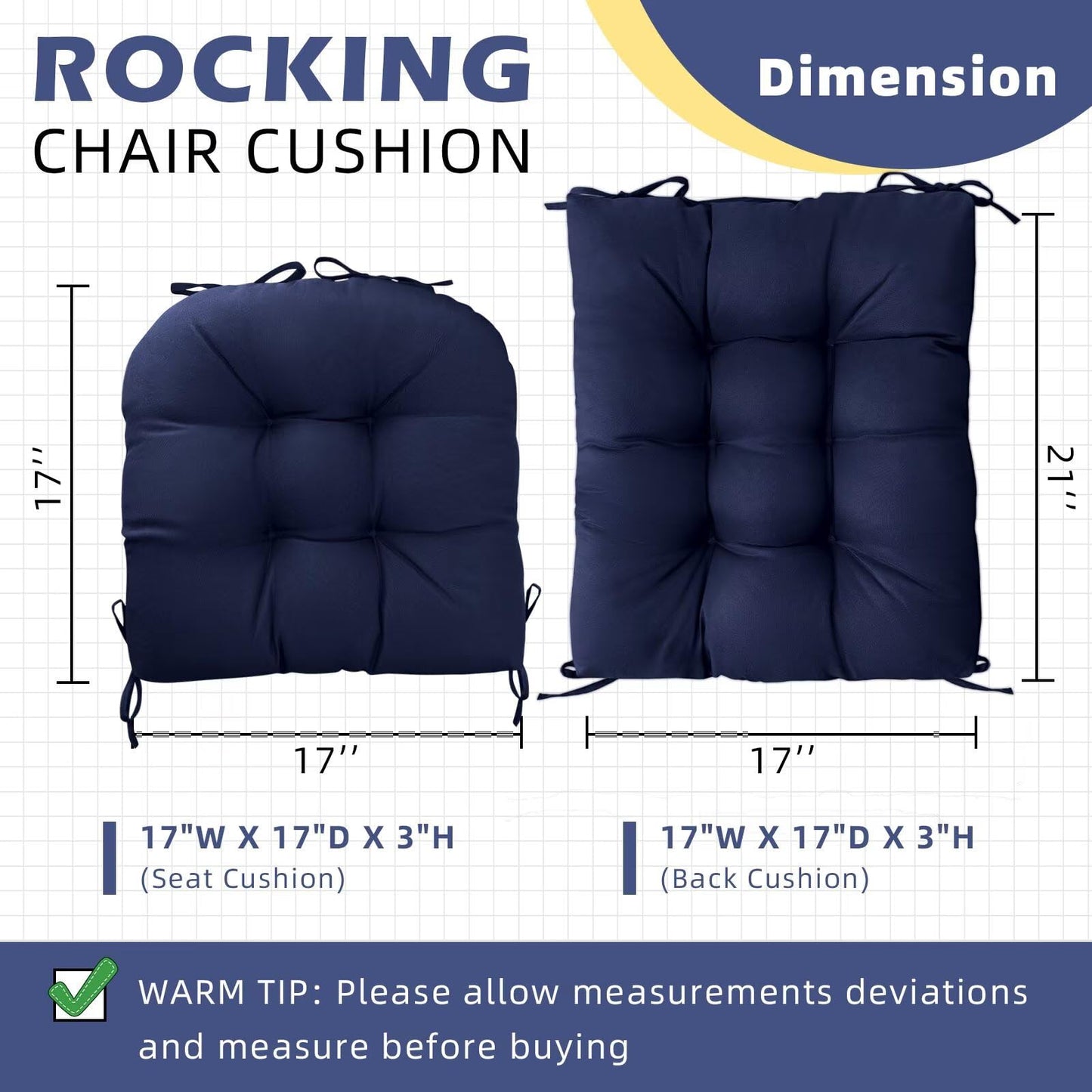 TESICA Set of 1 Indoor Outdoor Chair Cushion Waterproof High Back Rocking Chair Cushions Soft Patio Chair Pad for Lounger Recliner Navy Blue