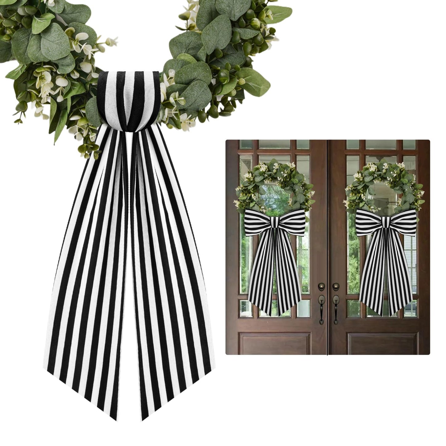 2 Pack Boxwood Wreath Sash Garland for Front Door Porch Decor (Black and White Stripe)