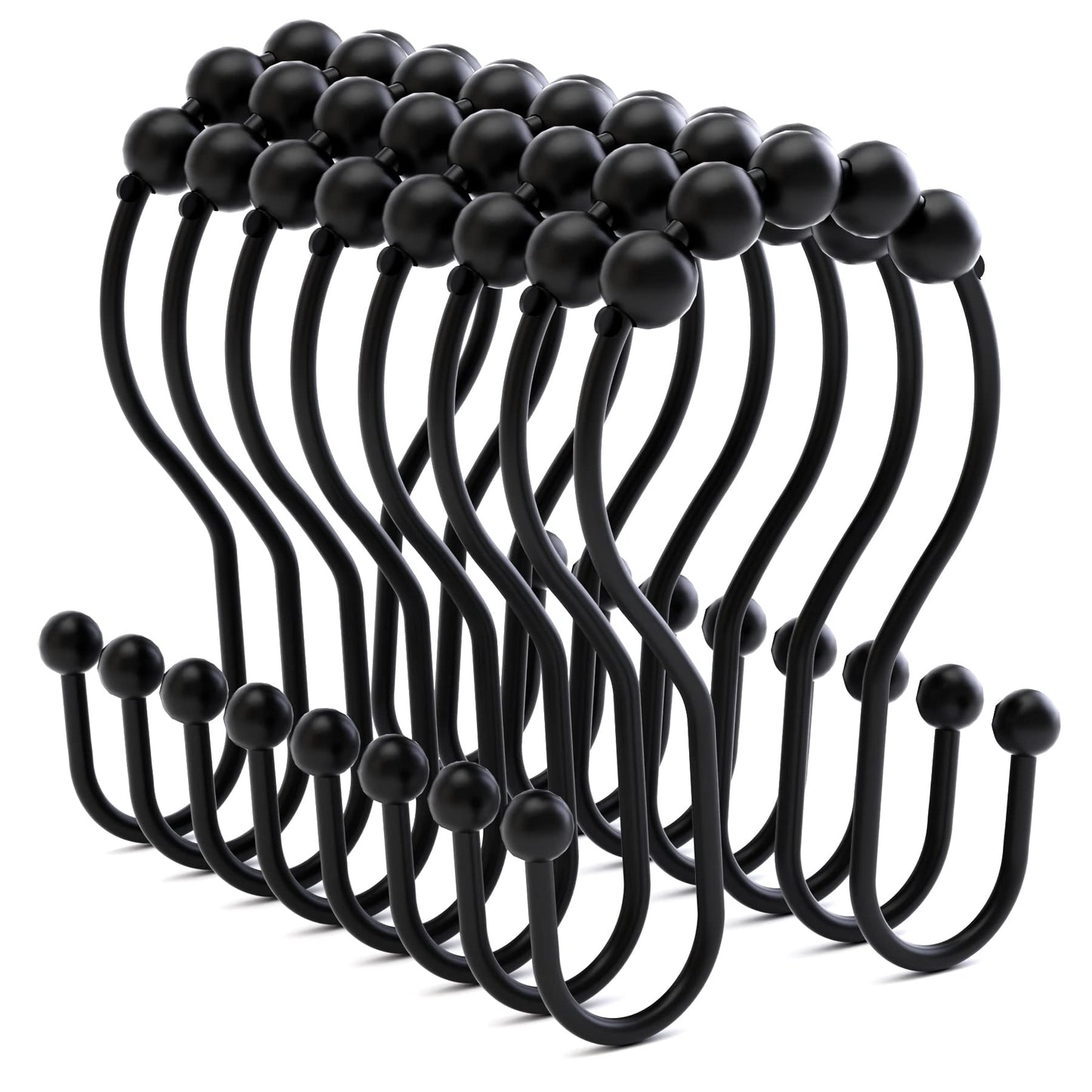 Bathway Shower Curtain Hooks Shower Curtain Rings Black Shower Curtain Hooks RustProof Smooth Metal Double Shower Curtain Hook, Shower Hooks for Shower Curtain Liner Bathroom Shower Rod Hook