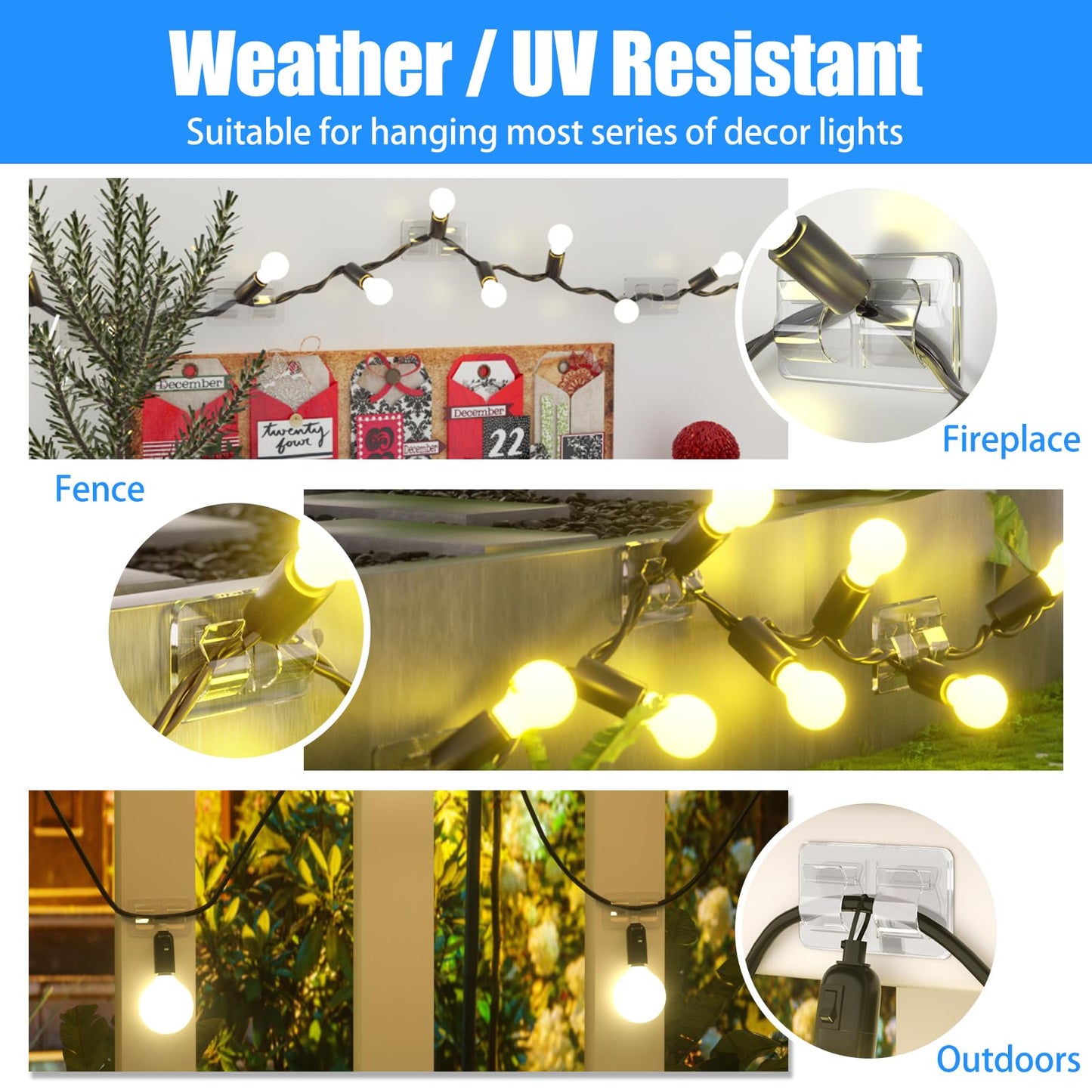 Keviyi Hooks for Outdoor String Lights Clips: 26Pcs Double Hooks for Hanging - Heavy Duty Clear Cable Clips with Waterproof Adhesive Strips - Outside Sticky Hooks Non-Slip No Drill
