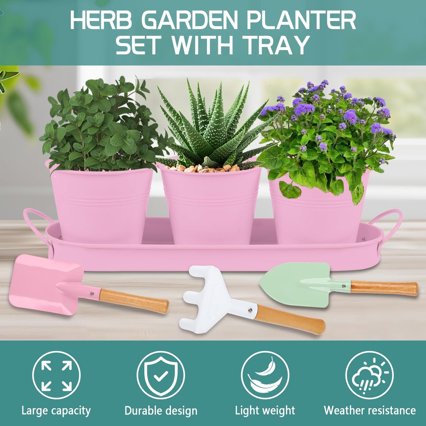 Linzenter Indoor Herb Garden Set of 3 with Tray and 3 Types of Gardening Tools, Metal Plant Pots Herb Garden Planter Kit with Drainage for Plants (Pink)