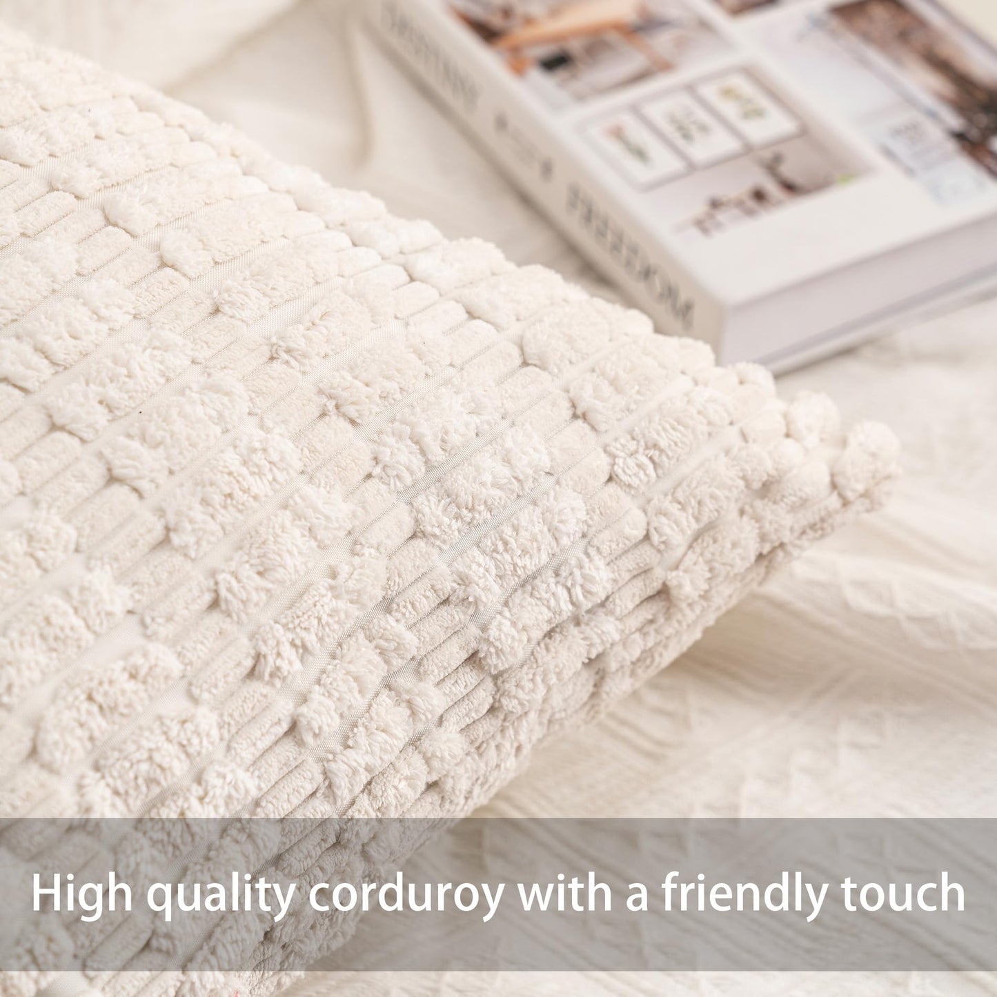 Aegero Pack of 2 Corduroy Decorative Throw Pillow Covers 18x18 Inch Soft Striped Pillow Covers Modern Farmhouse Home Decor for Sofa Living Room Couch Bed(Cream White)