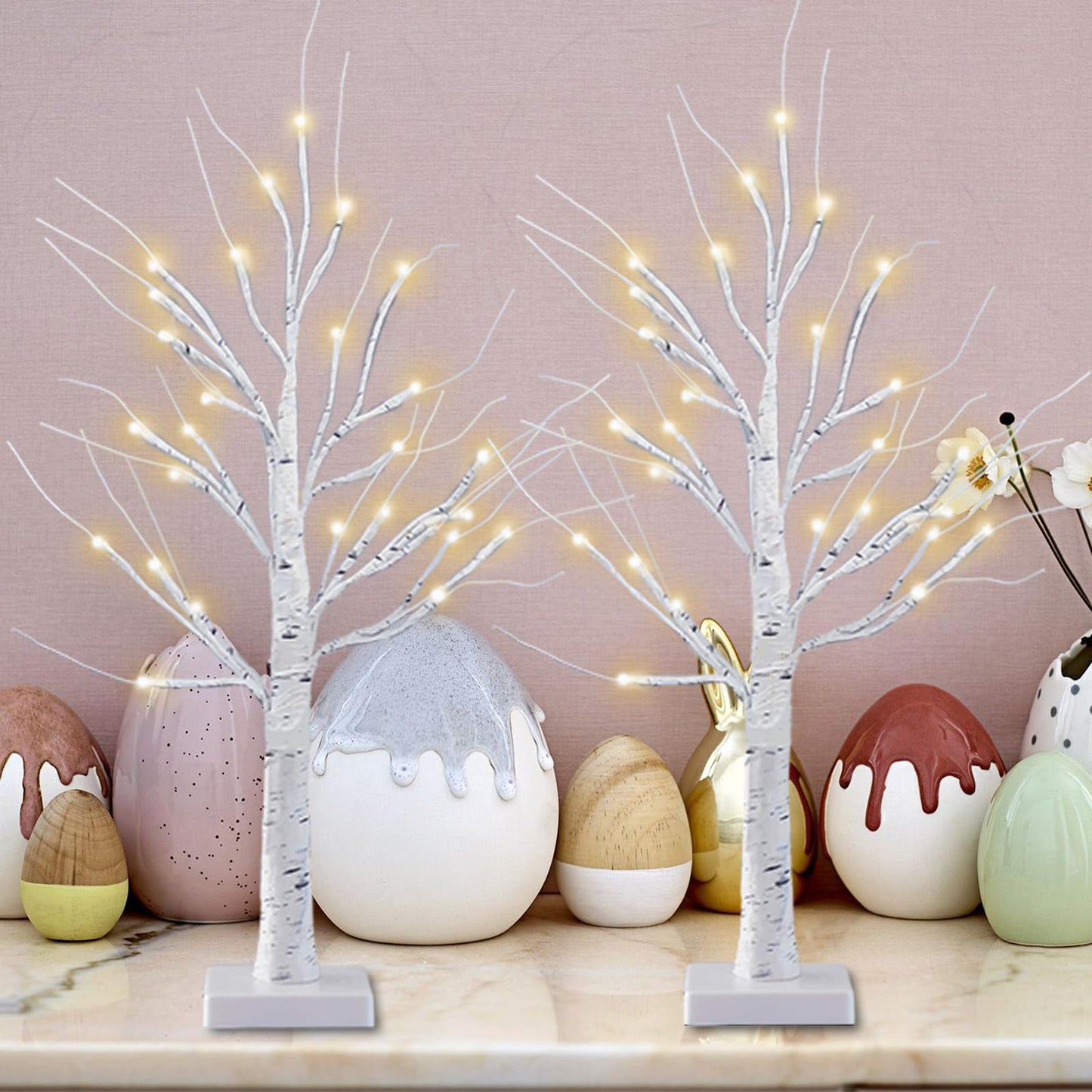 2-Pack 2FT Lighted Birch Tree with Timer for Easter Decorations Indoor, Artificial Birch Tree with 48 LED Warm White Lights, Fairy Light Tabletop Centerpiece Tree for Christmas Winter Deocrations