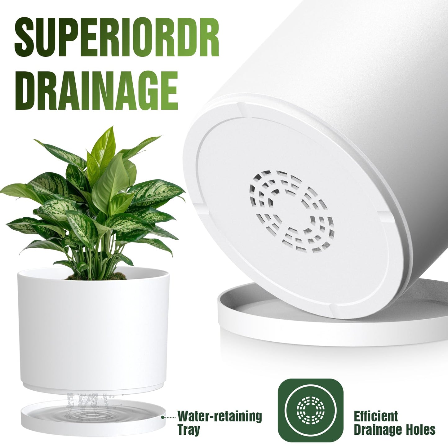 Areutxbis 10/9/8 Inch Large Plant Pots with Drainage Holes and Trays, 3 Pack Modern Minimalist Cylinder Planters for Monstera, Snake Plant, Indoor Outdoor (Matte White)