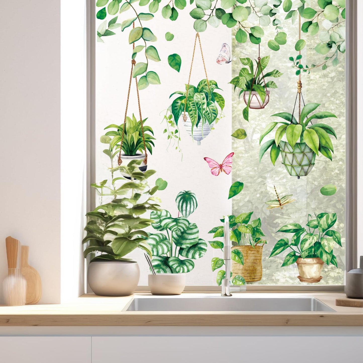 Whaline 6 Sheet Spring Summer Potted Plant Window Clings Hanging Vine Plant Eucalyptus Leaves Reusable Window Decals for Home School Office Party Supplies