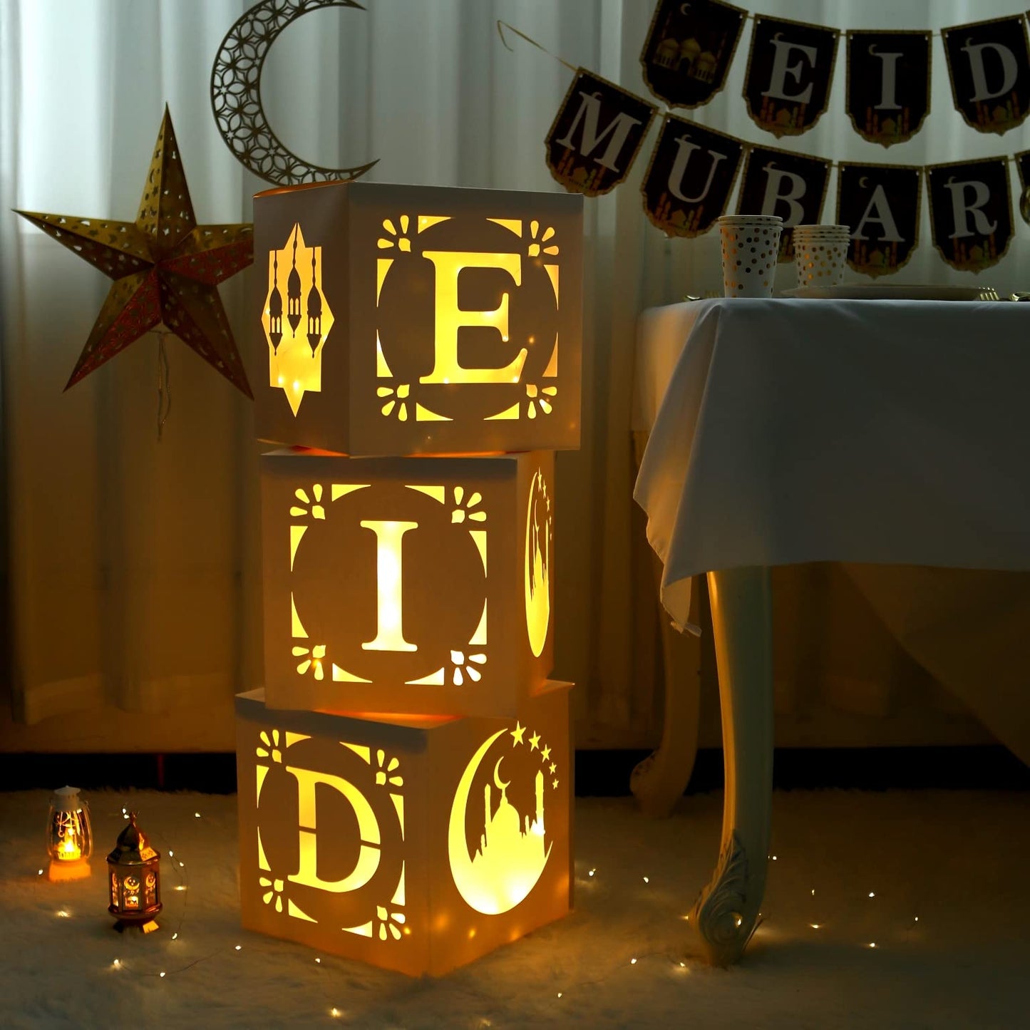 Eid Decoration Boxes with Light - 3pcs White Hollow-Out Paper Boxes with Warm Light String, Cultural Elements Box for Eid al-Fitr Decor al-Adha Festival Ramadan Mubarak Muslim Islamic Supplies