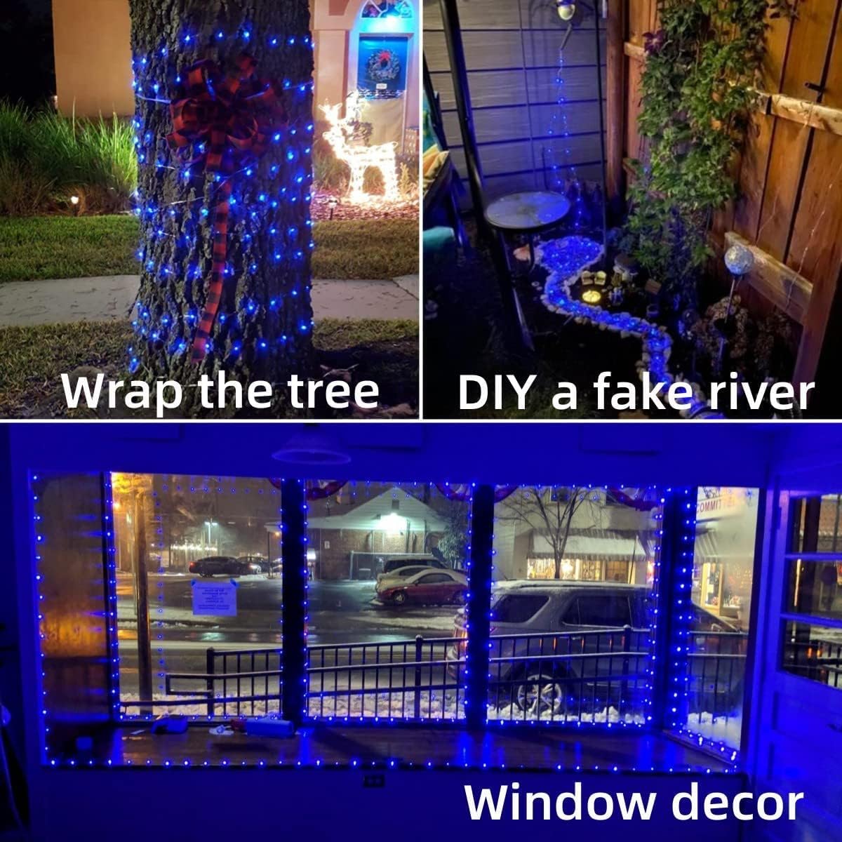YEGUO 4 Pack Blue Solar Fairy Lights, Each 33ft 100 LED Christmas Lights Outdoor Waterproof, 8 Modes Sliver Wire Solar String Lights