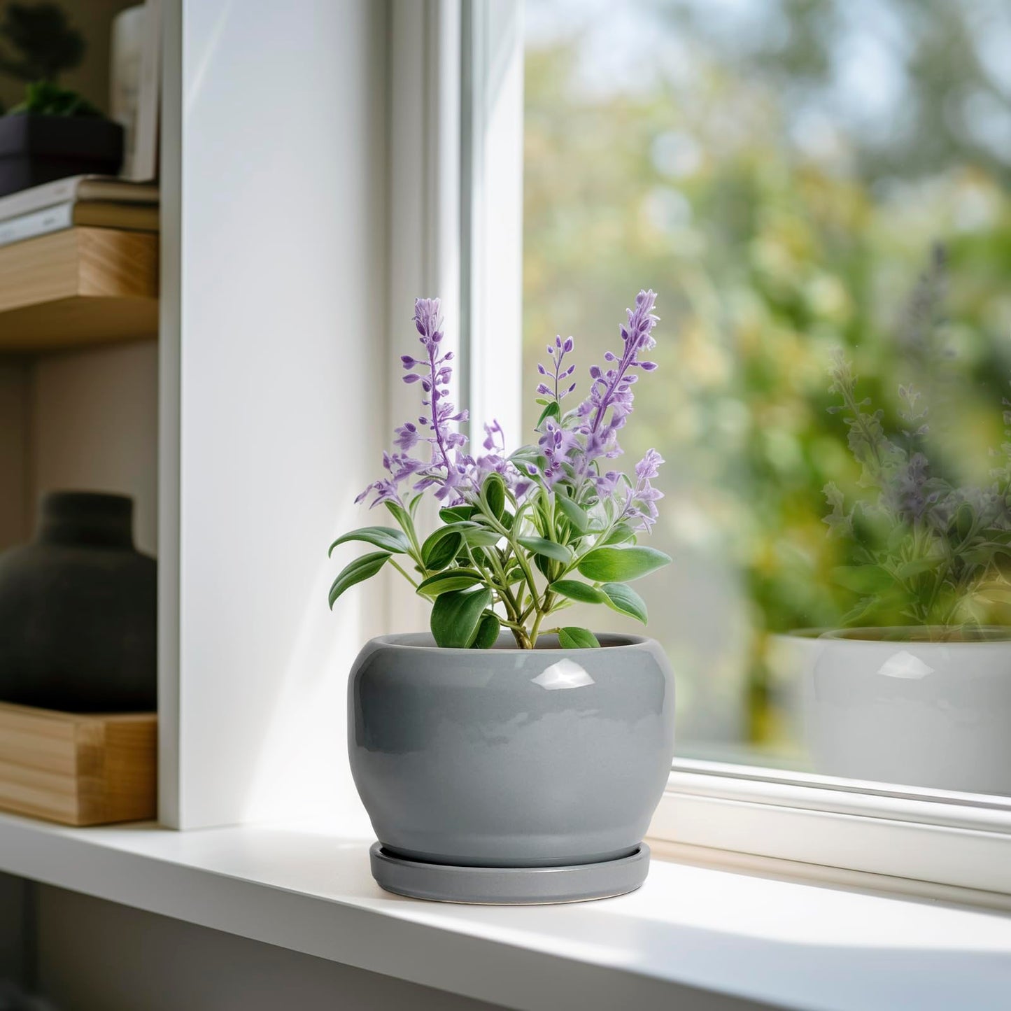 SQOWL 6 Inch Plant Pots - Ceramic Planter with Drainage Hole and Saucer, Round Ceramic Flower Pot Indoor Outdoor, Modern Succulent Planter, Bathroom Decor, Gifts for Plant Lovers, Grey