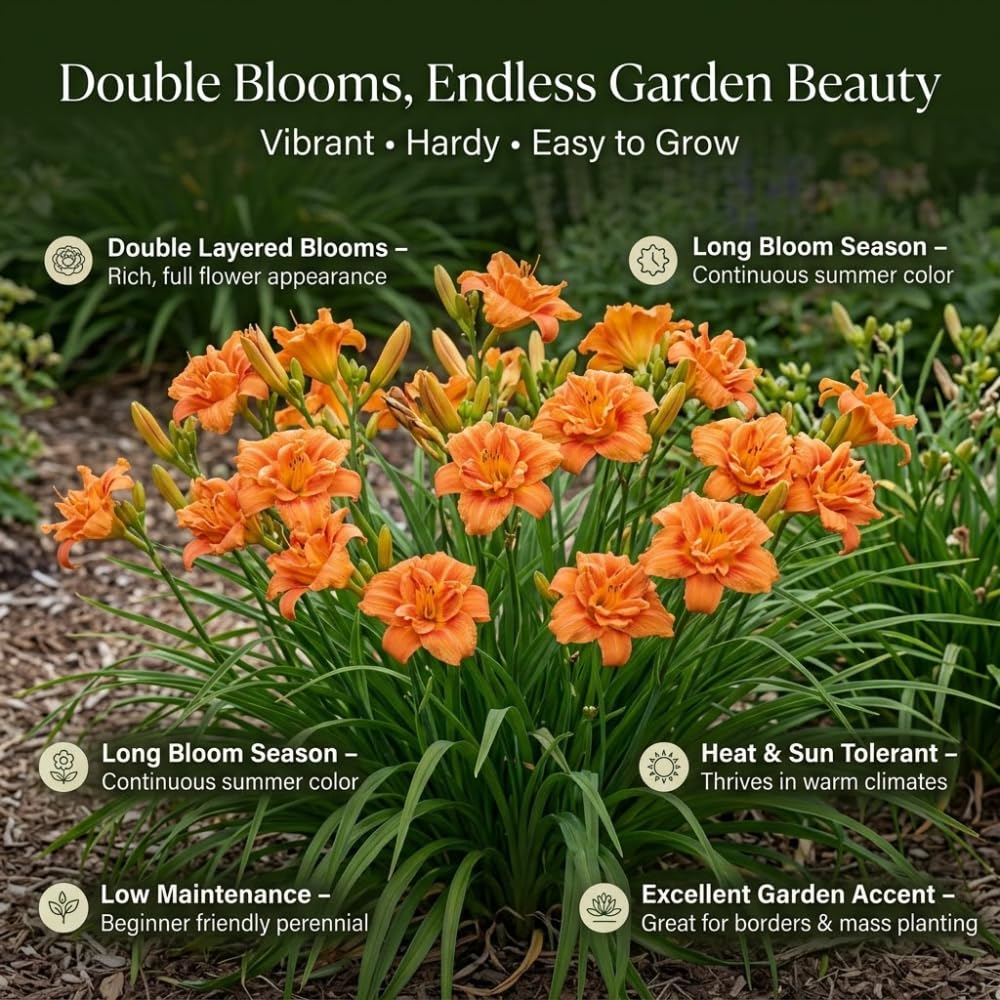 10 Orange Double Bloom Daylily Live Roots, Cold-Hardy Fragrant Perennial, Low Maintenance Exotic Flower for Garden Borders