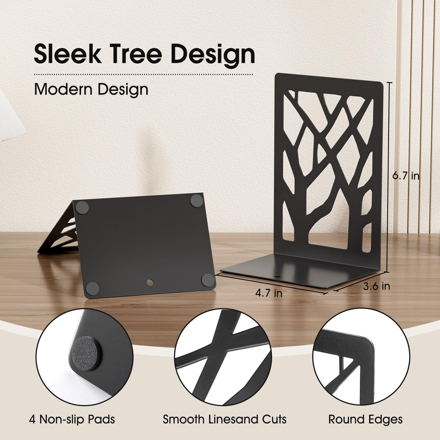 MaxGear Book Ends Tree Design Modern Bookends for Shelves, Non-Skid Book Holder, Heavy Duty Metal Book Storage for Books/CDs, Decorative Book Stopper for Home, 7 x 4.7 x 3.5”, Black,2 Pair/4 Pieces