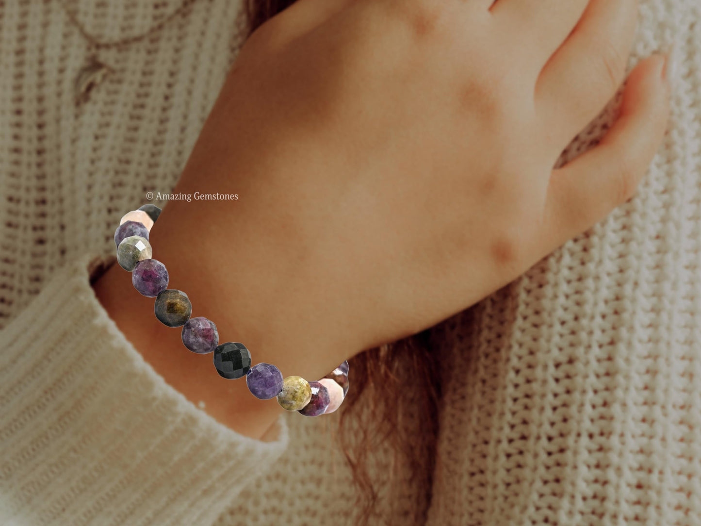Amazing Gemstone Women's Multi Tourmaline Bracelet - Chakra Mens Bracelet Protection Crystals & Healing Stones - Blessing Bracelet Spiritual Meditation Gift (Faceted Beaded Bracelet, Adjustable)