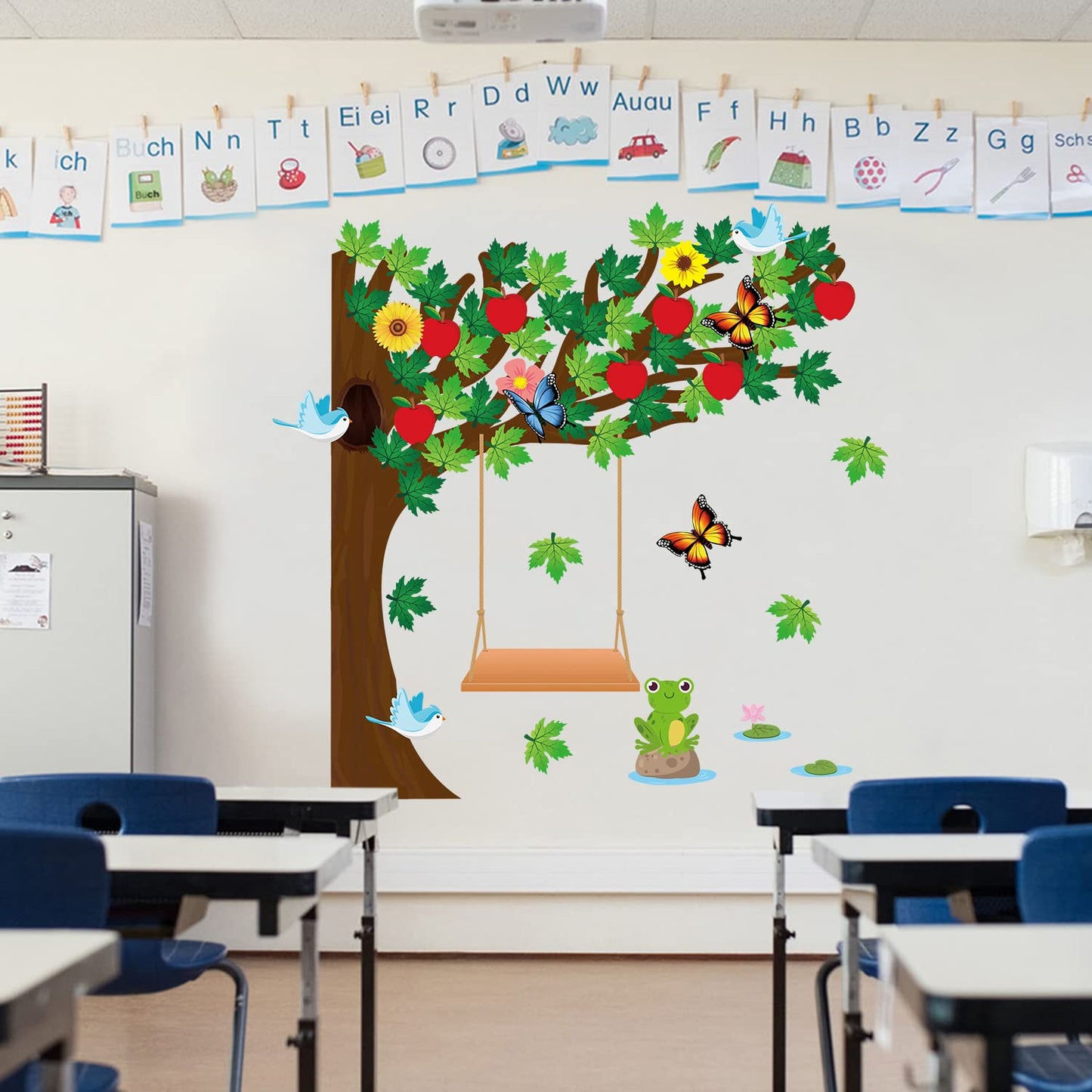 MALLMALL6 198Pcs Classroom Tree Bulletin Board Decor Seasonal Tree Summer Autumn Winter Spring Cutouts Border Set Four Seasons Chalkboard Wall Decorations for Kindergarten Elementary School Home