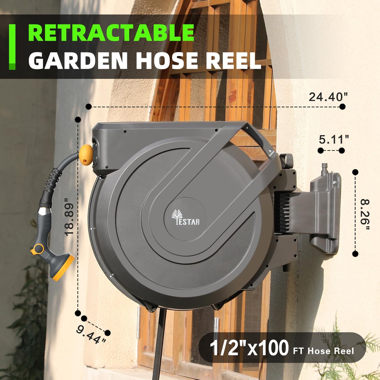 Retractable Garden Hose Reel 1/2 in x100 ft, Heavy Duty Wall Mounted Hose Reel with 10- Function Sprayer Nozzle, Any Length Lock/Automatic Slow Return System,180° Swivel Bracket