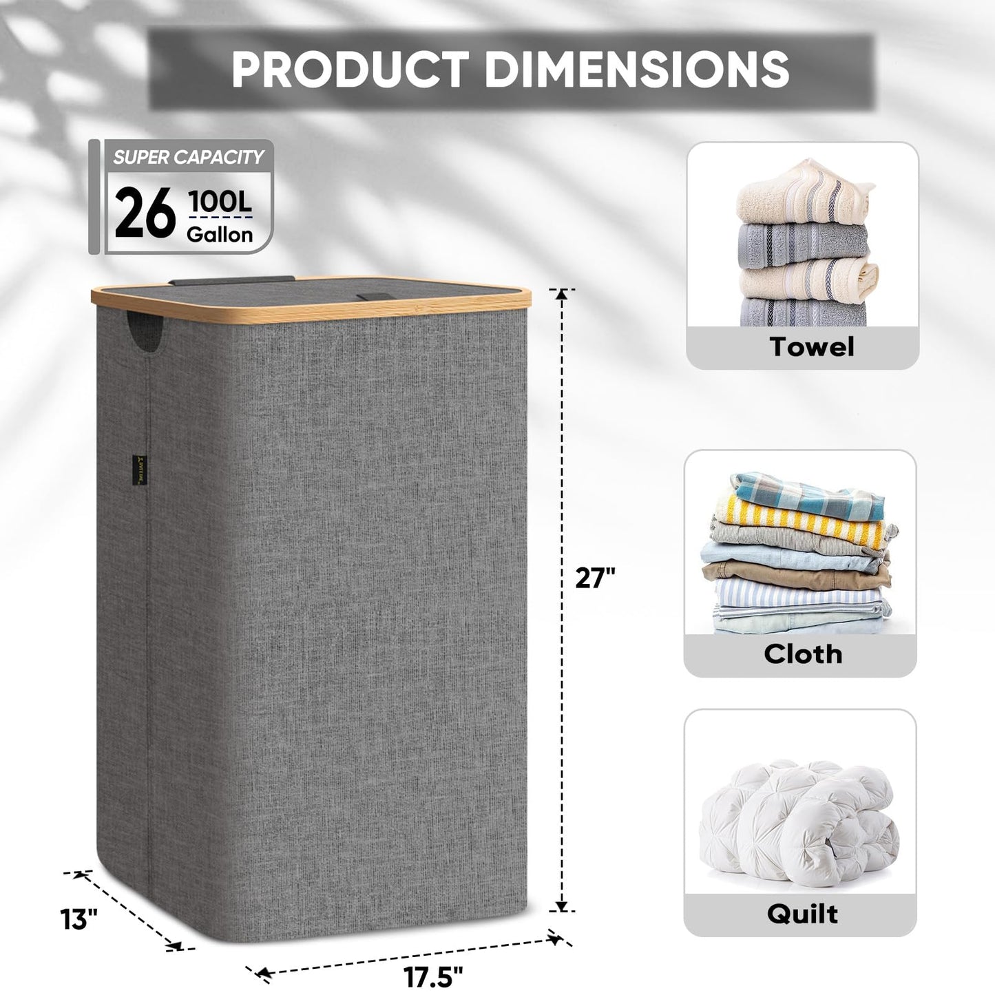BALEINE Laundry Hamper with Lid, Tall Laundry Baskets with Bamboo Pull Handles, Large Laundry Bin with Internal Support (26 Gal/100L, Beige)