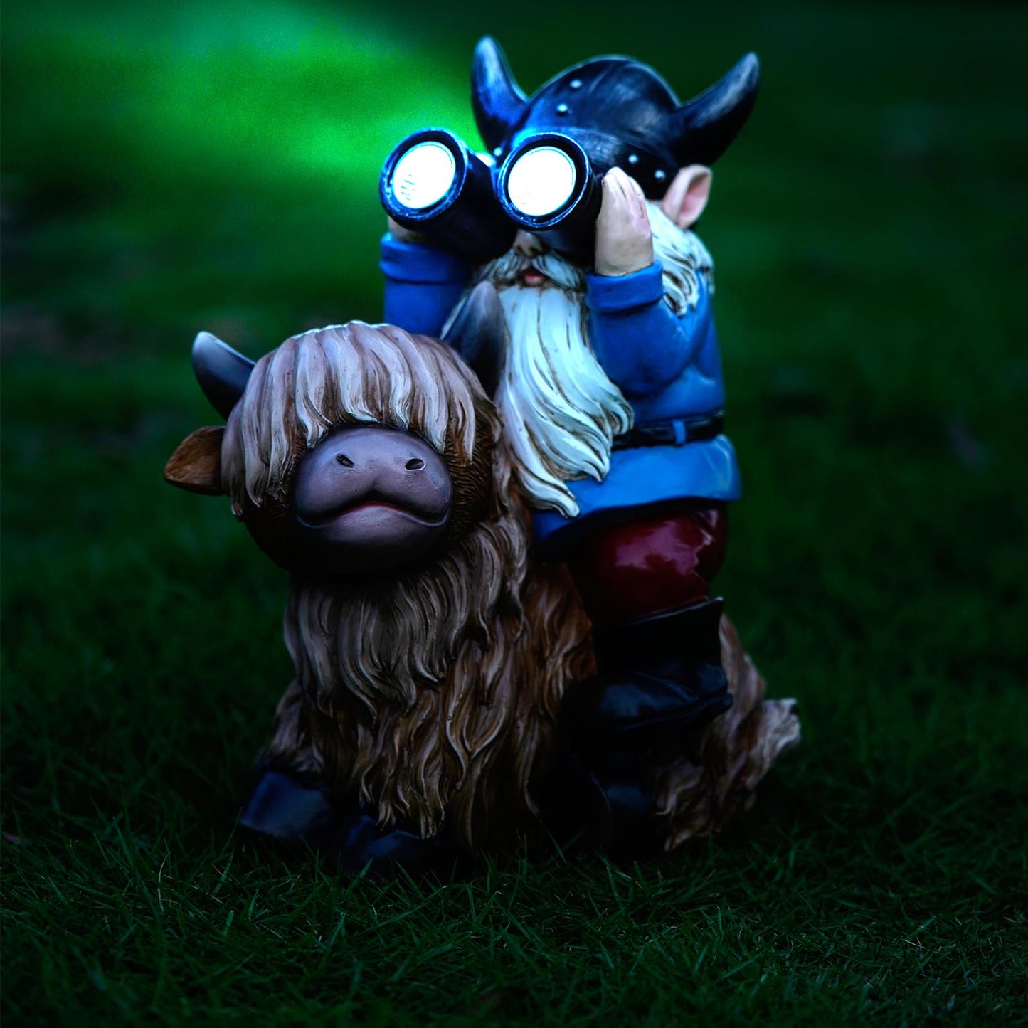 Joint Honglin Garden Gnome Statues Resin Gnome Sitting on Highland Cow Solar LED Lights Outdoor Telescope Gnome Decorations