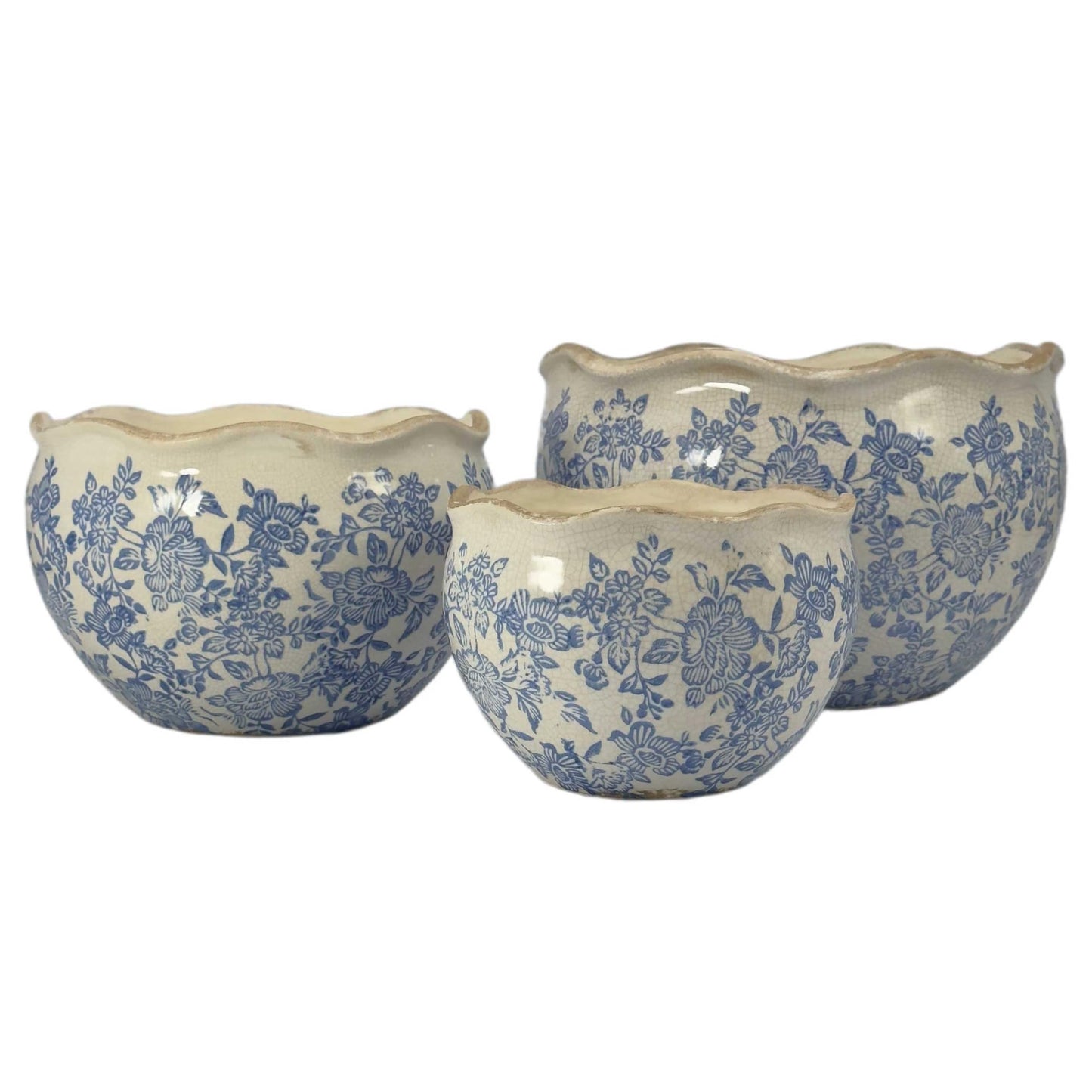 Galt International Ceramic Plant Pots Set of 3 Rustic Vintage Farmhouse Cream Crackle Glaze (11"/ 9.6"/ 7") Garden Indoor Outdoor Flower Planter w/Drainage Hole (Vintage Blue)