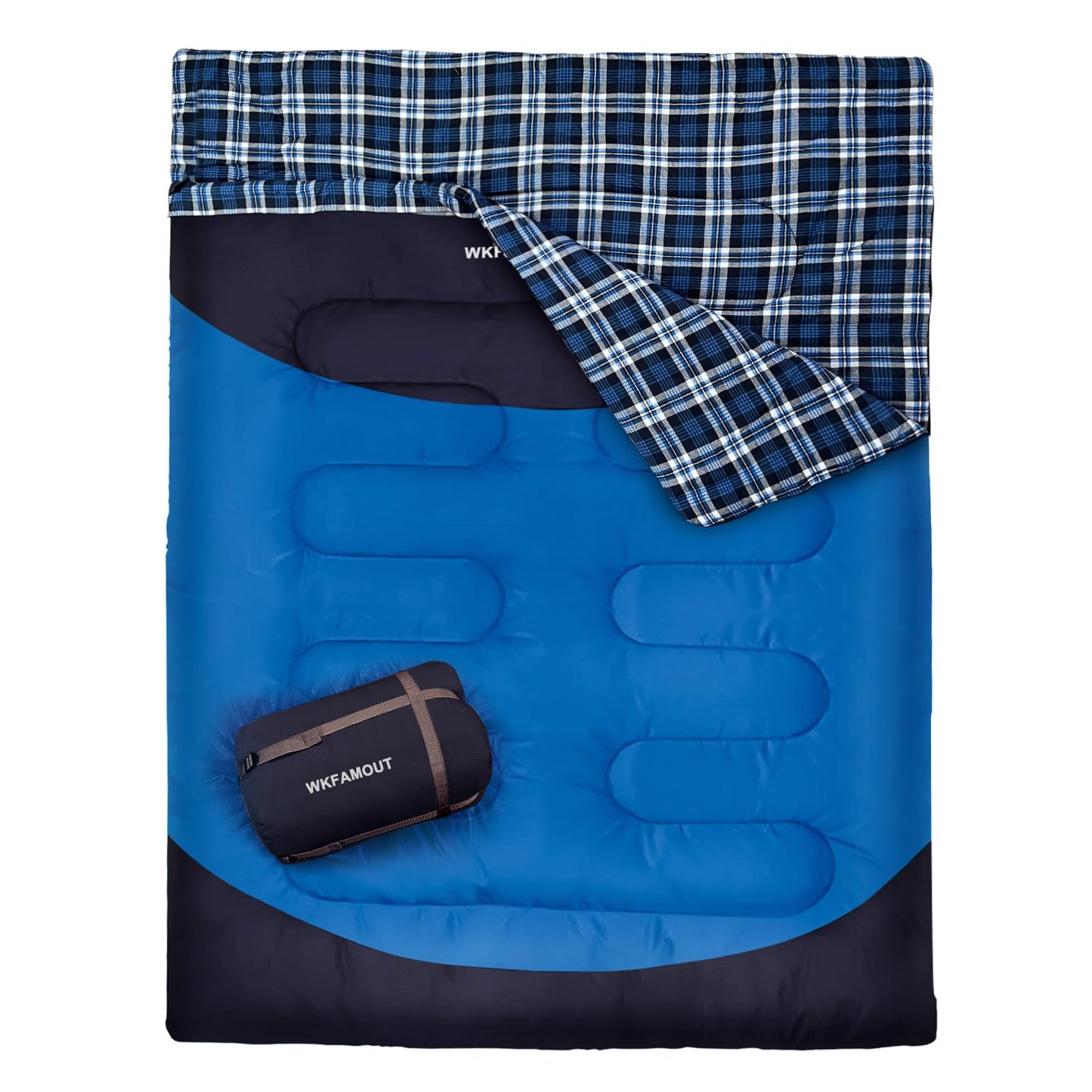 WKFAMOUT Cotton Flannel Double Sleeping Bag for Adults Machine Washable 2 Person Camping Sleeping Bag Queen Size Waterproof with Compression Sack for Cold Weather 3-4 Seasons