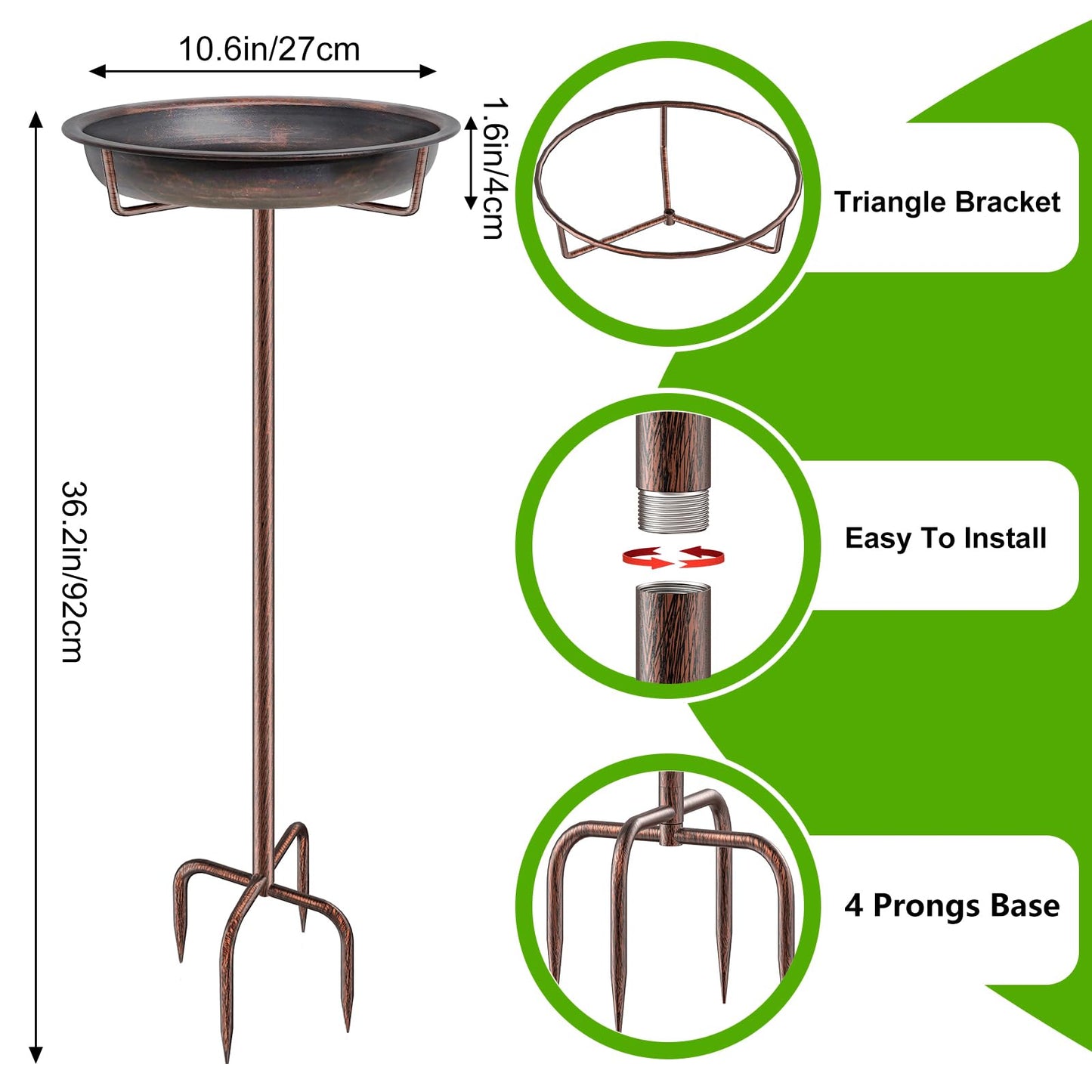 KHayRovies Metal Bird Bath for Outside Garden Birdbath Bowl, 36.2" Height Freestanding Bird Feeders for Outdoors with 4 Prongs Base Stake, Standing Birdfeeders for Yard Lawn Decor (Retro Copper)