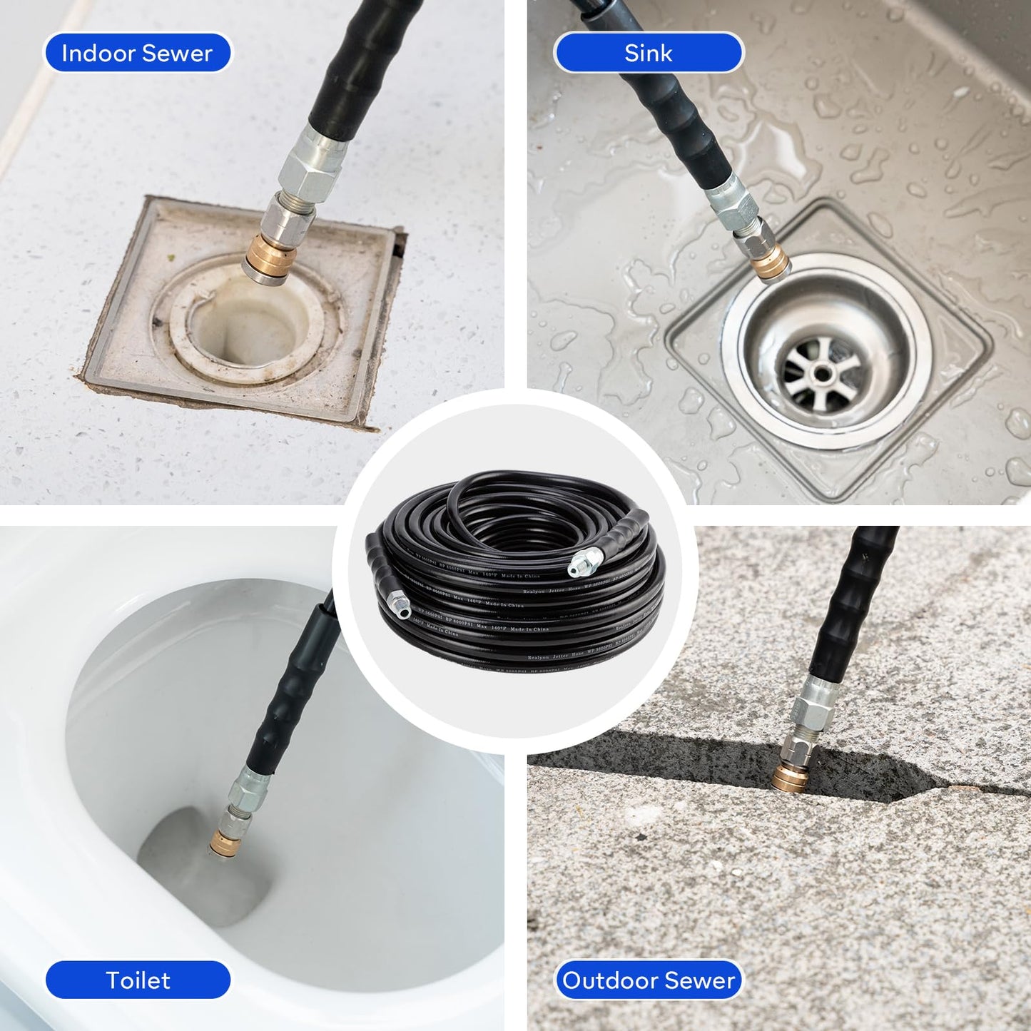 Sewer Jetter Kit 100FT for Pressure Washer, Pressure Washer Drain Jetter with 5800PSI Cleaner Hose 1/4 Inch NPT, Corner, Rotating & Button Nose Sewer Jetting Nozzle Spanner Waterproof Tape Pearl Pin
