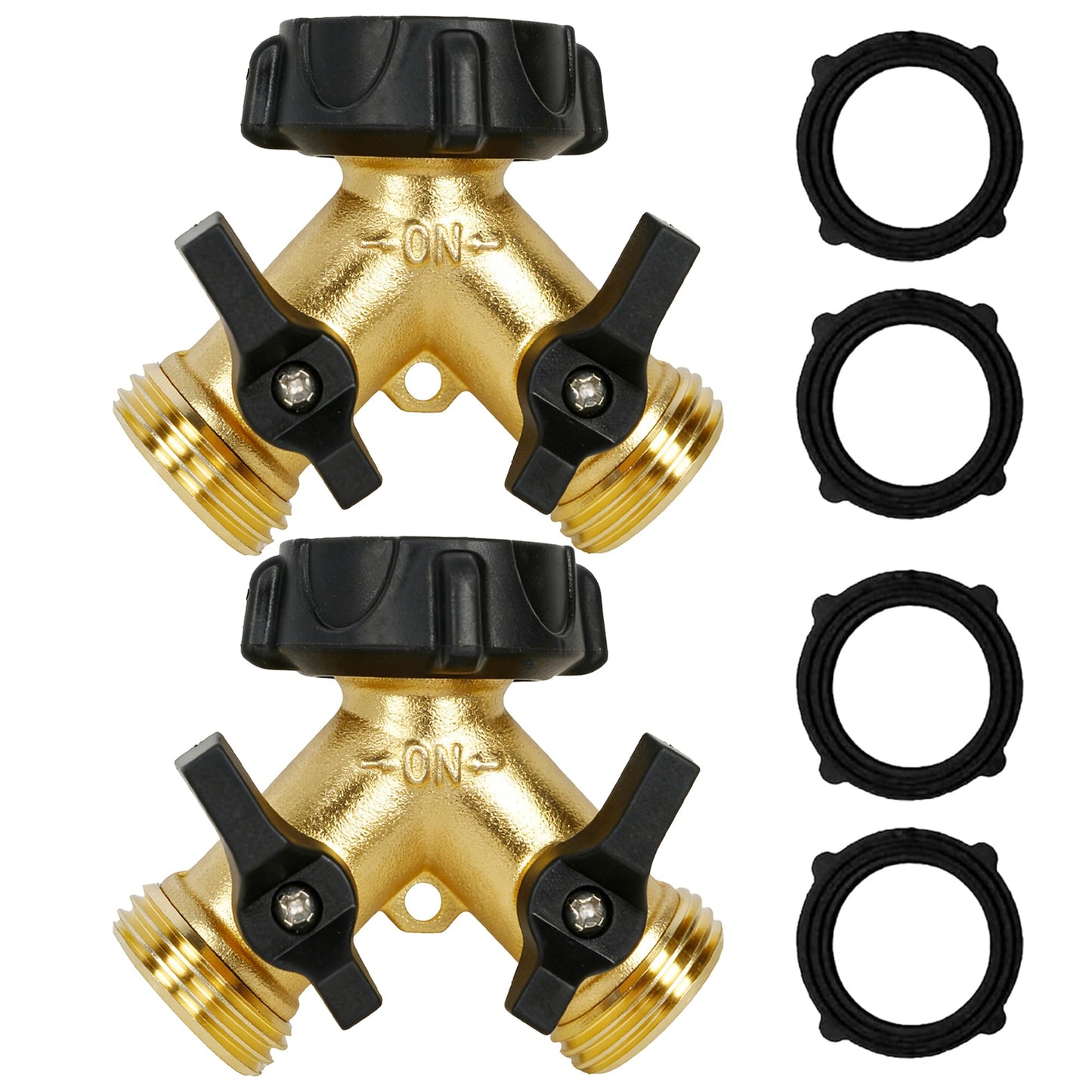 Hourleey 2 Pack Brass Garden Hose Splitter 2 Way, 3/4 Inch Hose Connector Tap Splitter, Hose Y Splitter, Hose Spigot Adapter 2 Valves with 4 Extra Rubber Washers