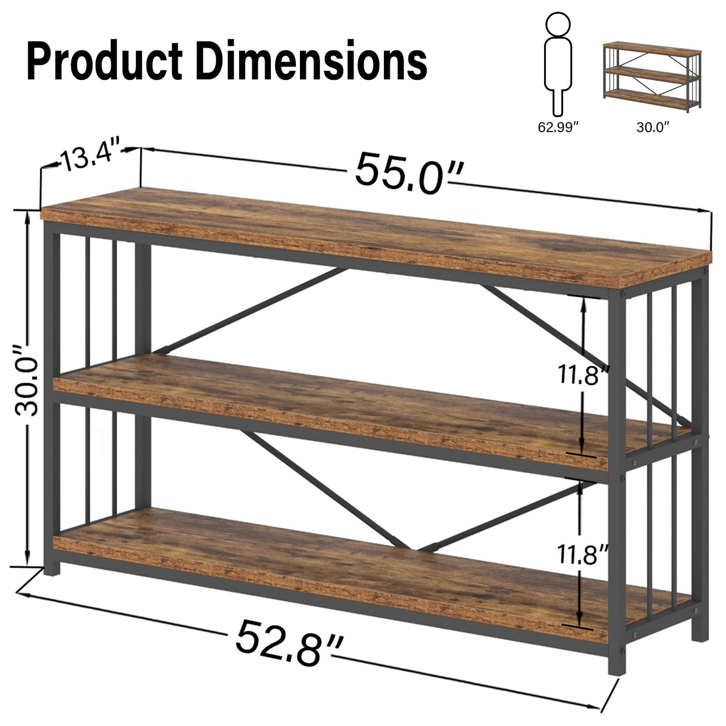 LVB Industrial Console Entryway Table, Metal Wood Rustic Sofa Table with Storage, Farmhouse 3 Tier Shelf Long Hallway Foyer Entry Tables Behind Couch for Home Living Room Entryway, Rustic Brown, 55 In