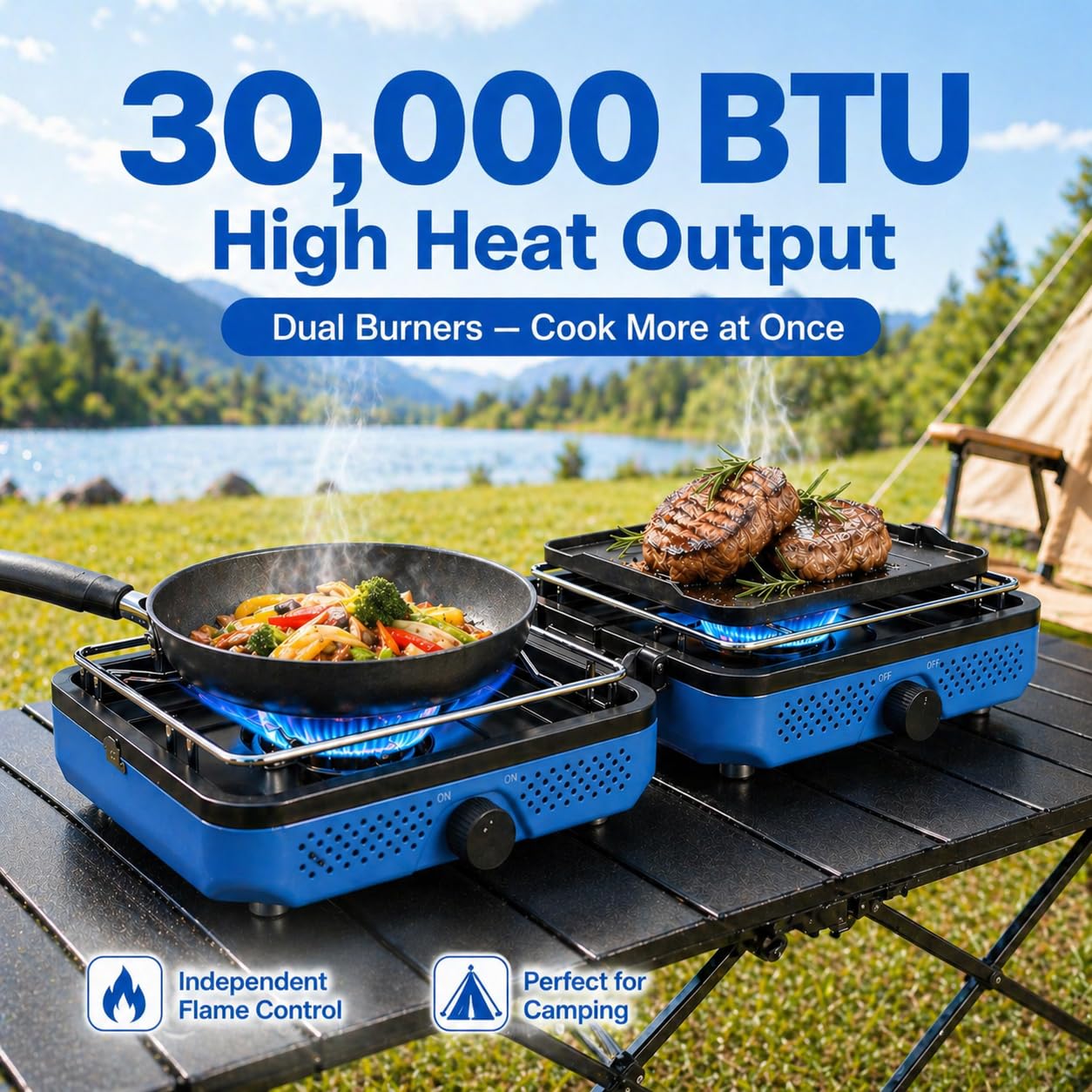 Hisencn 2 Burner Propane Camping Stove, 30000 BTU Foldable Portable Gas Stove with Cookware Set & Carry Bag, Outdoor Cooking for Camping, RV, Emergency Use, Blue