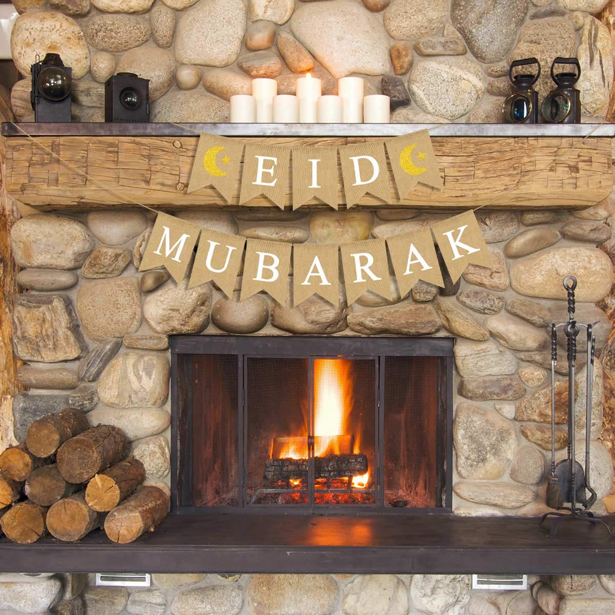 Jute Burlap Eid Mubarak Banner with Moon and Star Ramadan Home Mantel Fireplace Decoration